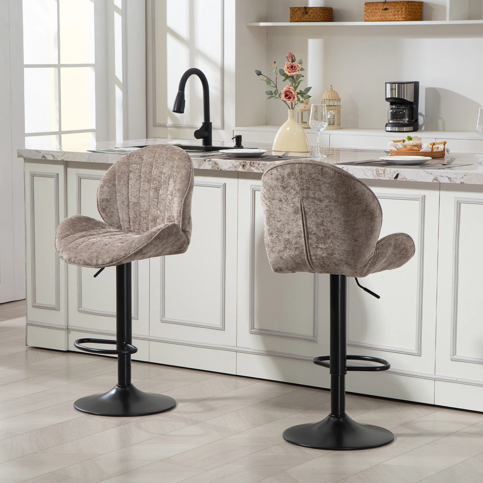 HOMCOM Modern Bar Stools Set Of 2, Swivel Counter Height Barstools, Brown - Image 2