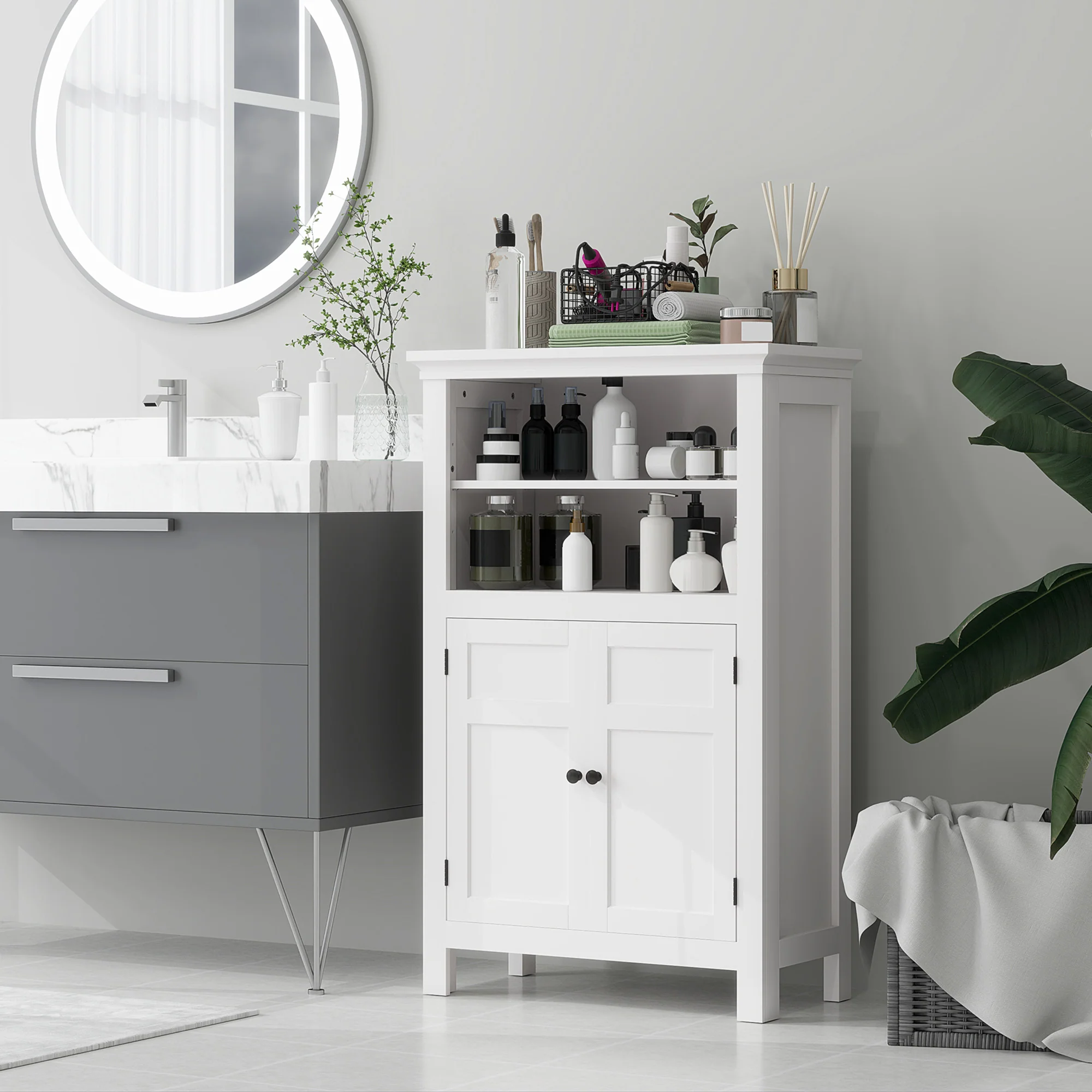 HOMCOM Modern Bathroom Storage Cabinet With Open Shelves, White - Image 2