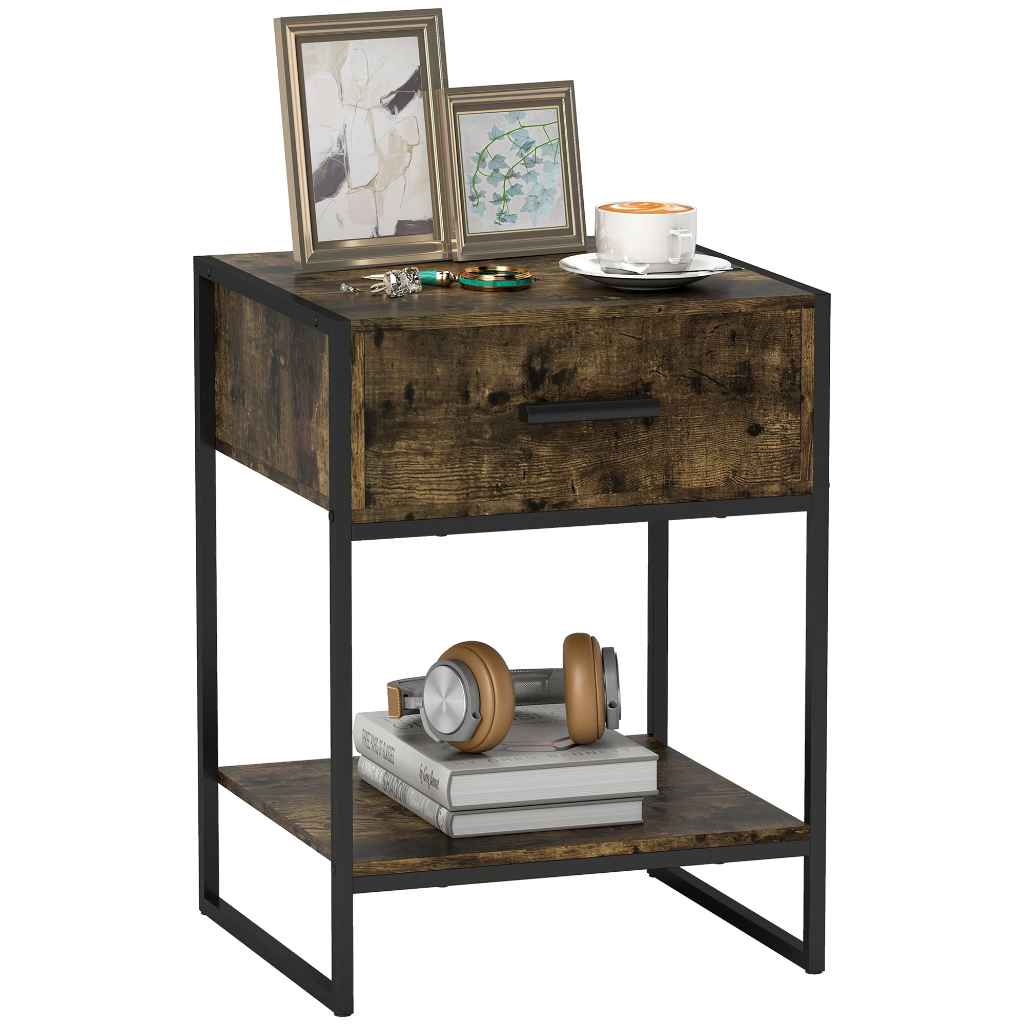 HOMCOM Modern Bedside Table, Nightstand With Drawer Shelf Rustic Brown