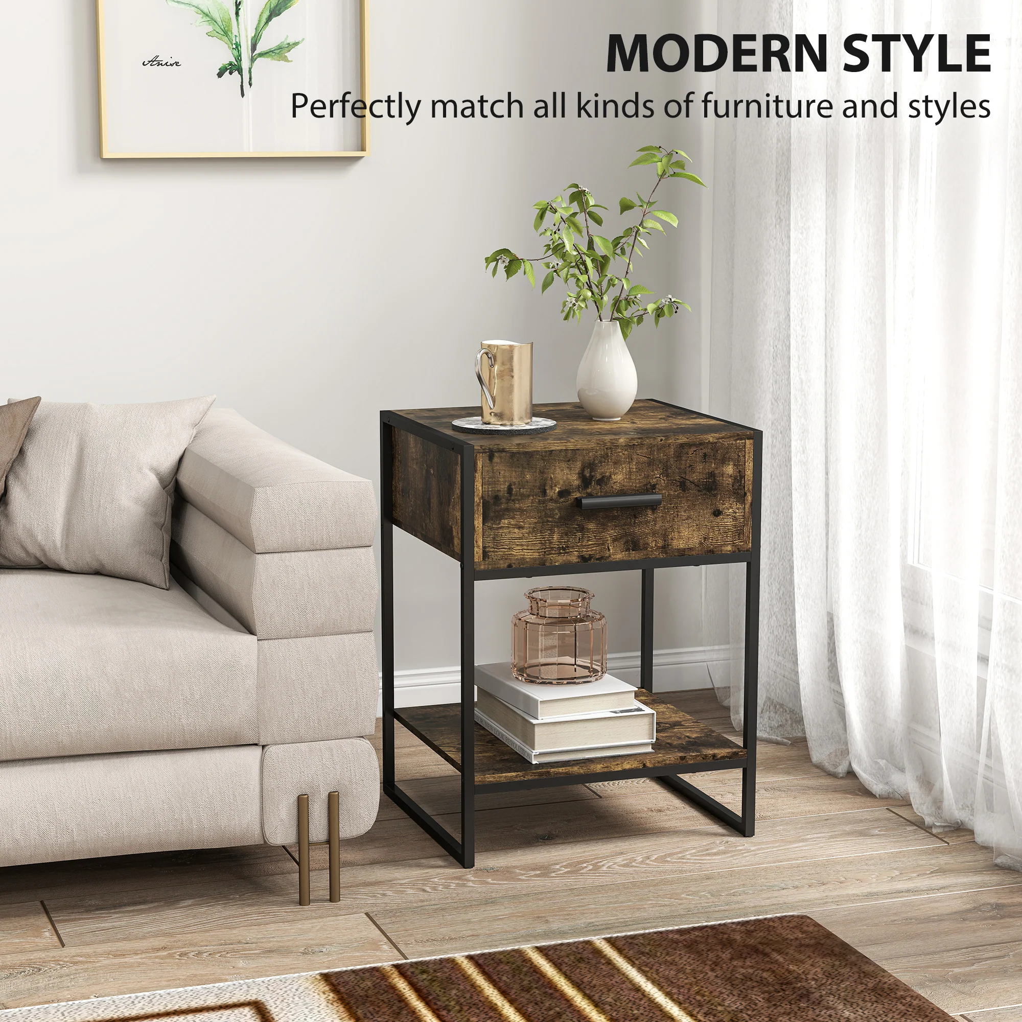 HOMCOM Modern Bedside Table, Nightstand With Drawer Shelf Rustic Brown - Image 3