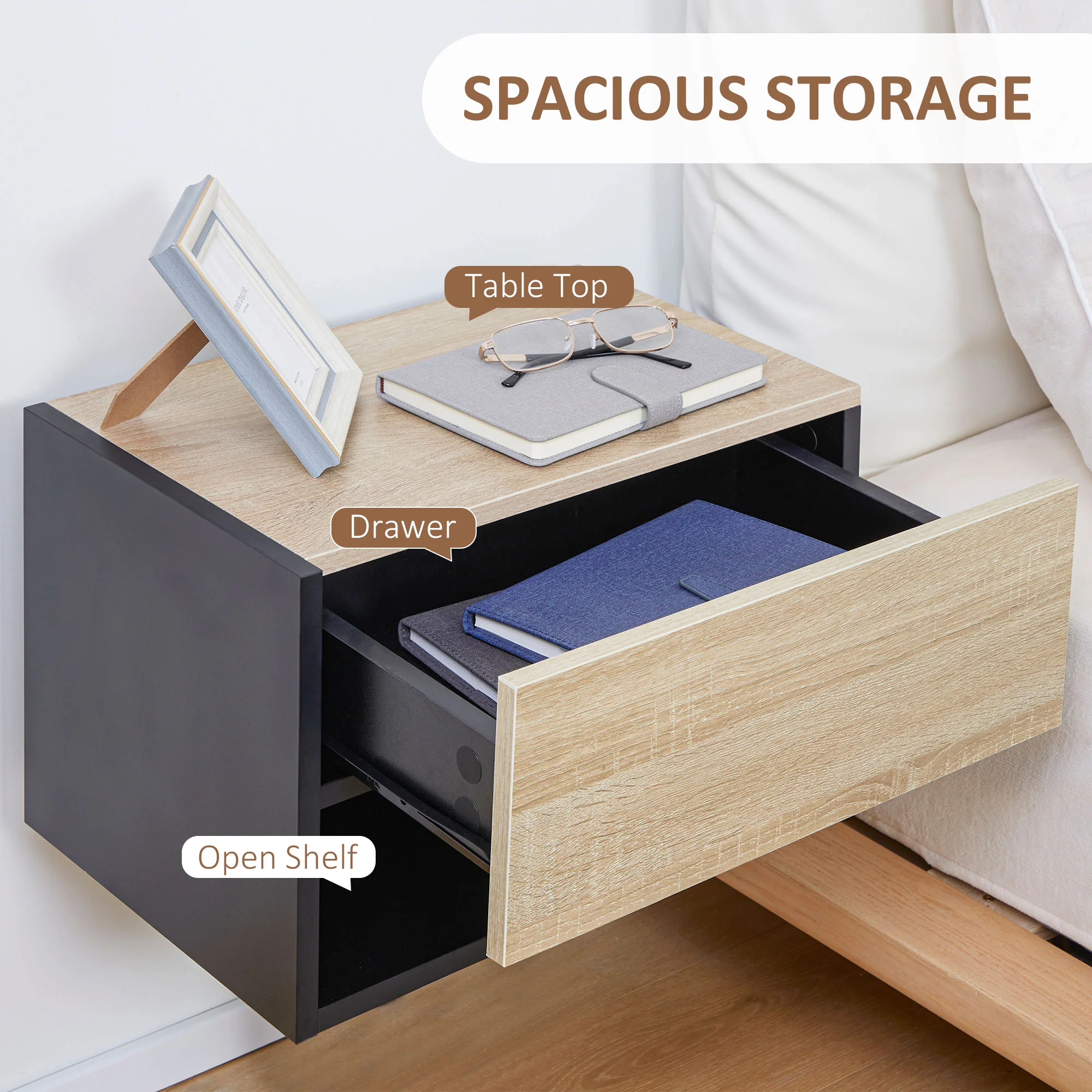 HOMCOM Modern Bedside Table Set of 2 with Drawer and Shelf - Image 5