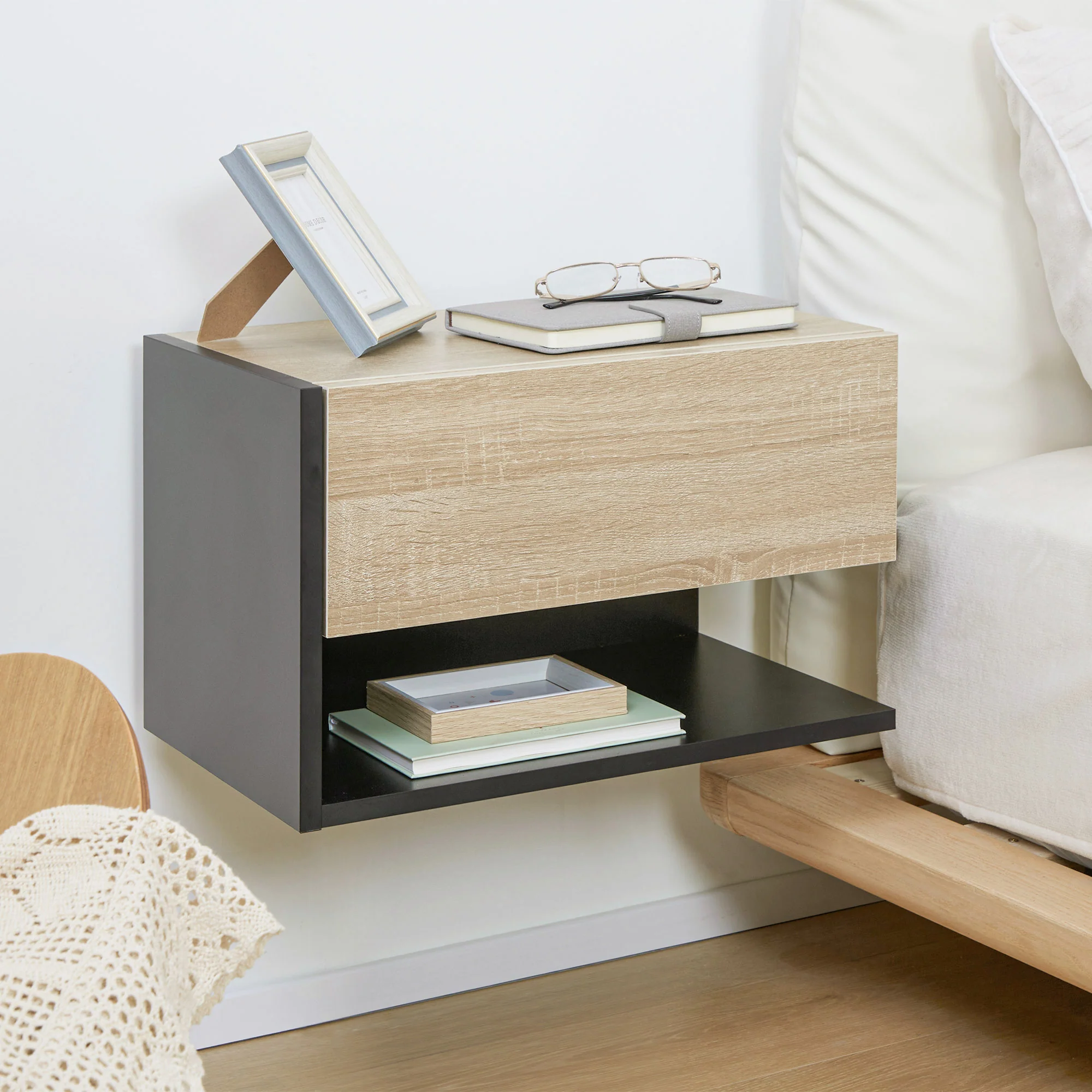 HOMCOM Modern Bedside Table Set of 2 with Drawer and Shelf - Image 8