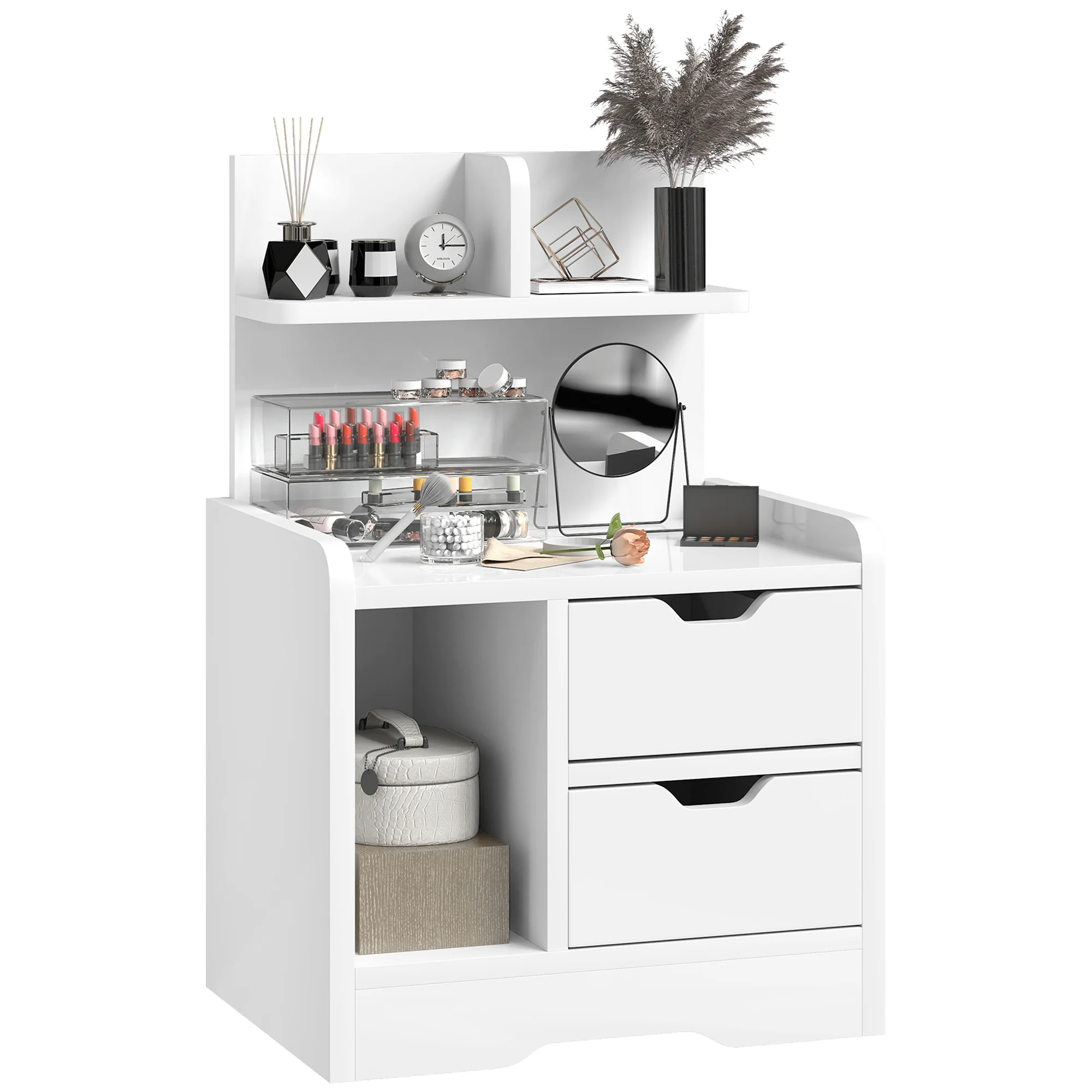 HOMCOM Modern Bedside Table With 2 Drawers And Open Shelves For Bedroom