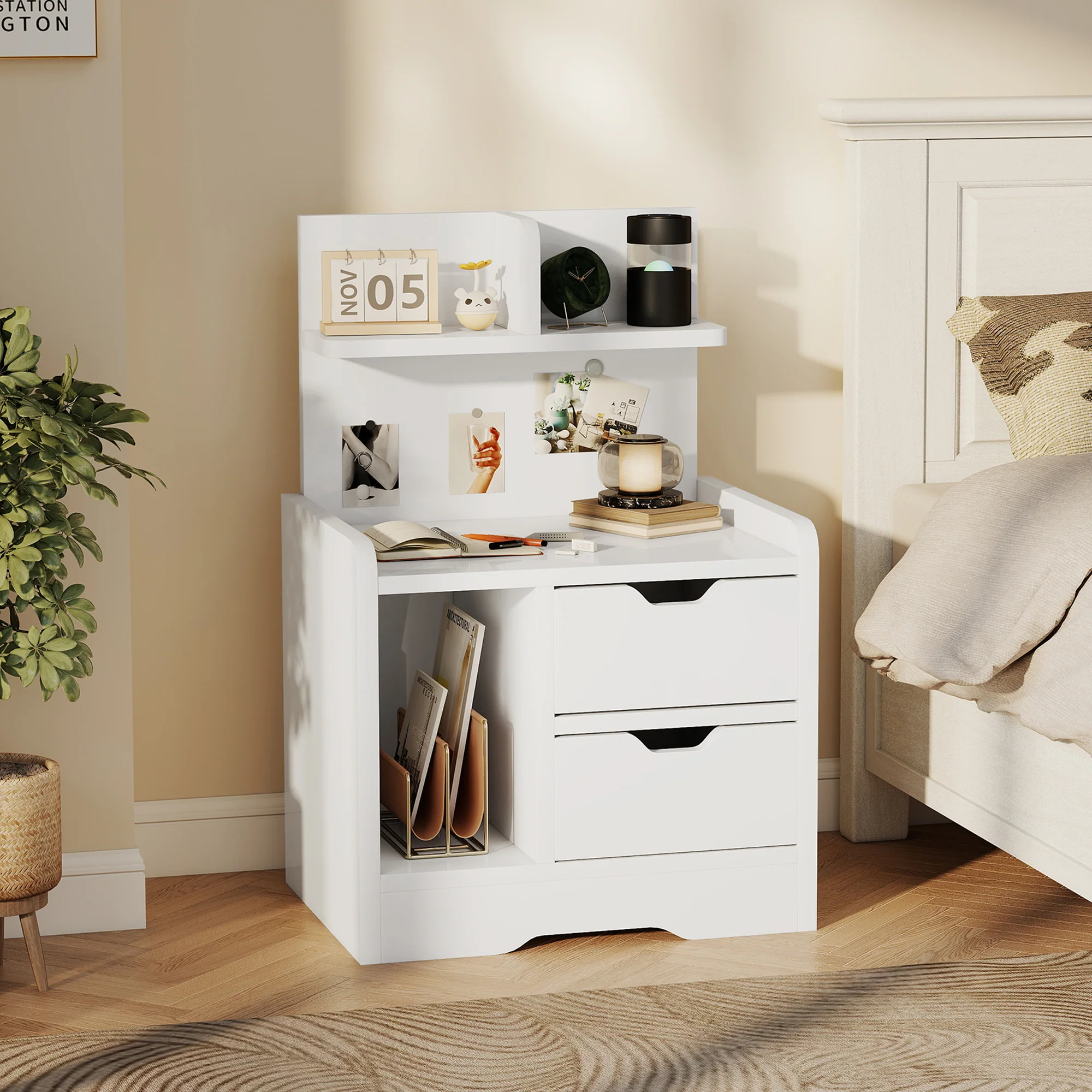 HOMCOM Modern Bedside Table With 2 Drawers And Open Shelves For Bedroom - Image 2