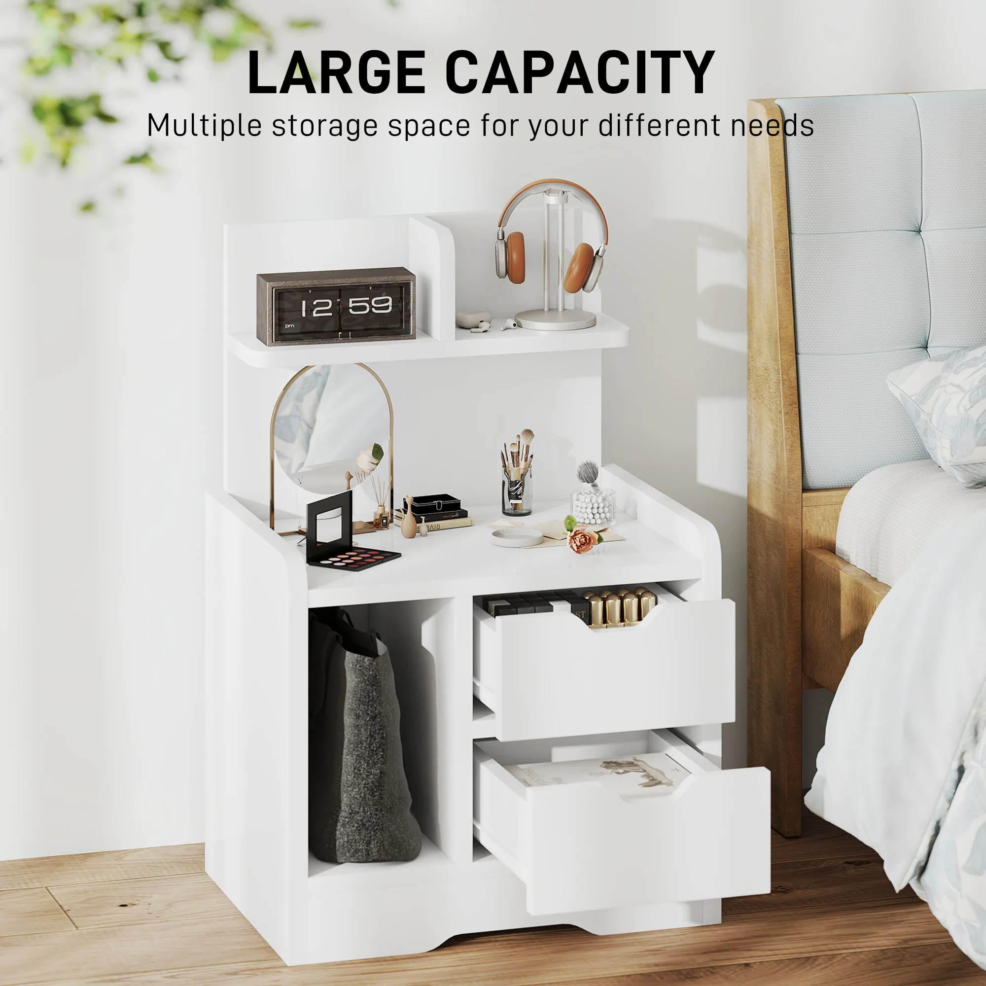 HOMCOM Modern Bedside Table With 2 Drawers And Open Shelves For Bedroom - Image 4