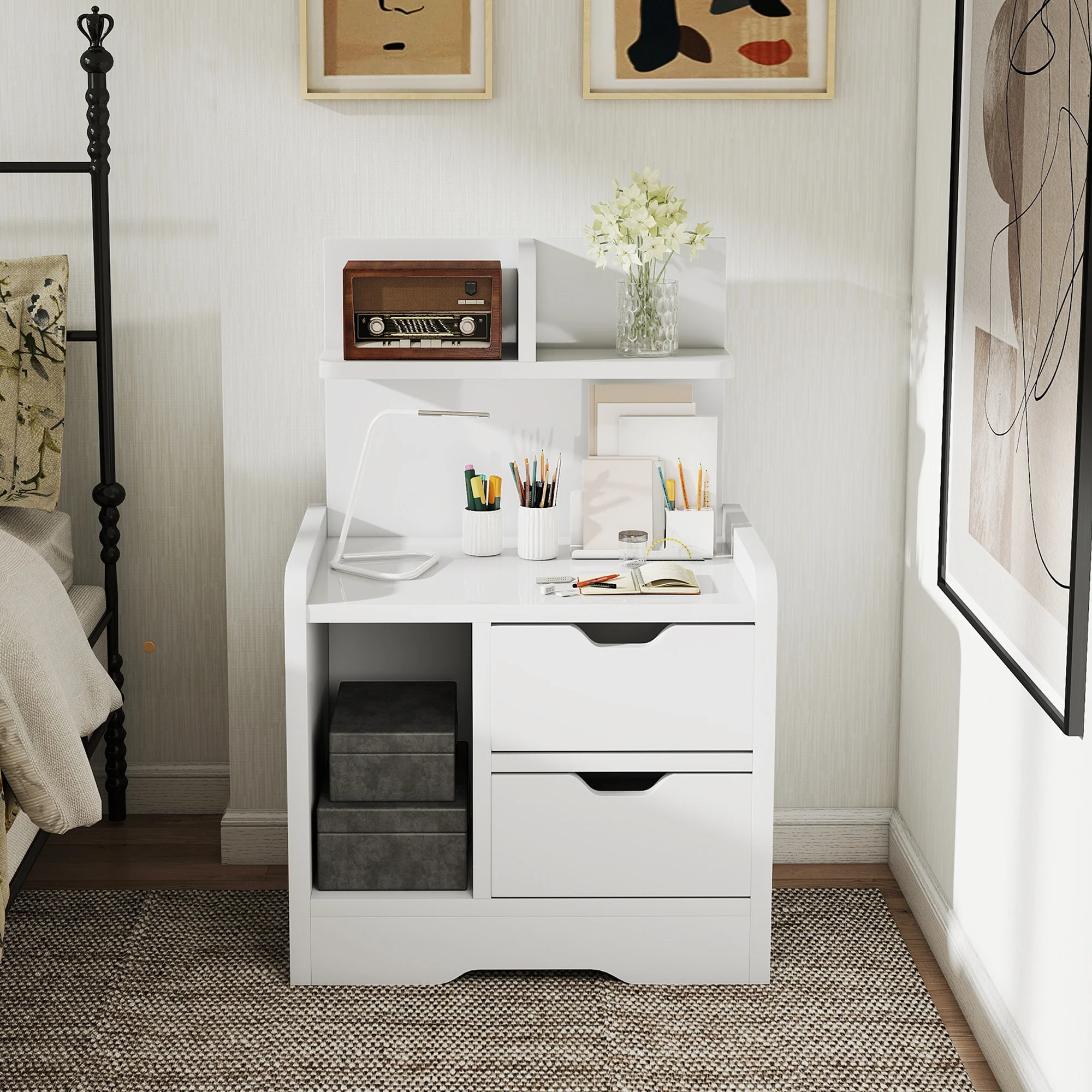 HOMCOM Modern Bedside Table With 2 Drawers And Open Shelves For Bedroom - Image 8