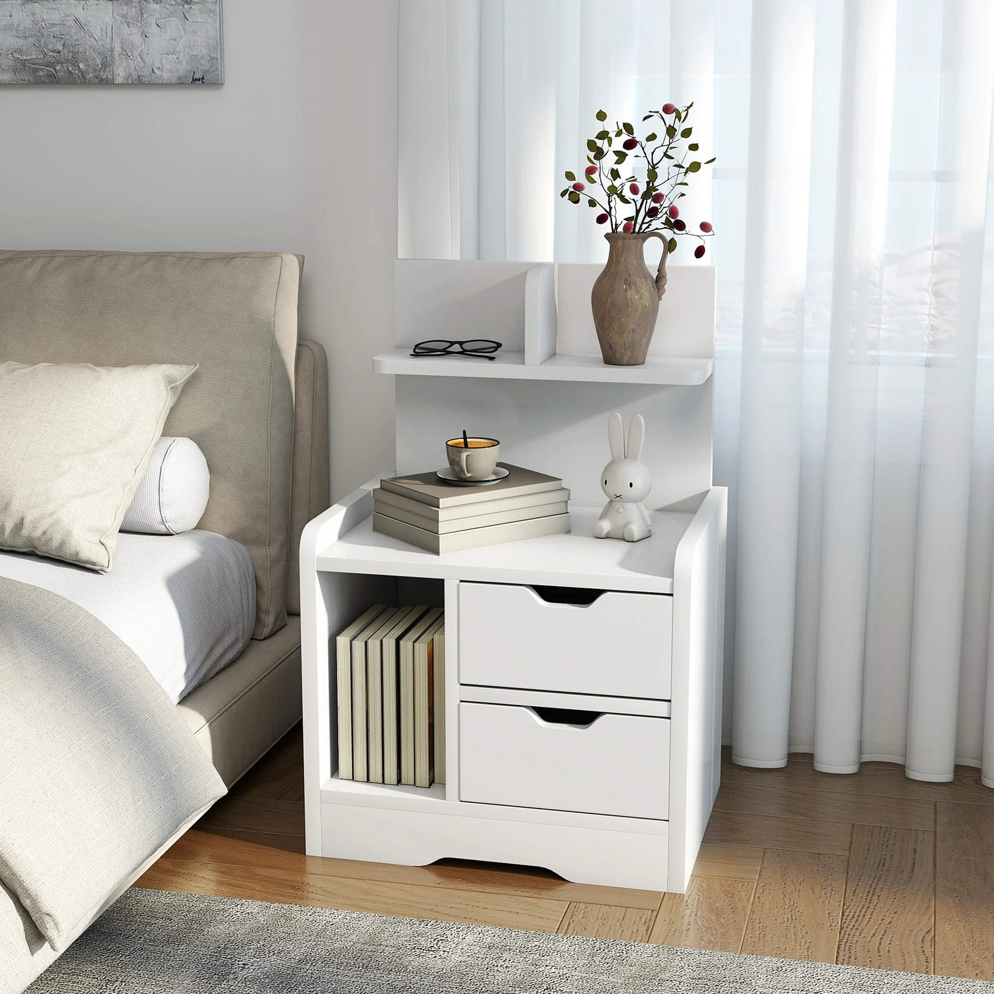 HOMCOM Modern Bedside Table With 2 Drawers And Open Shelves For Bedroom - Image 9