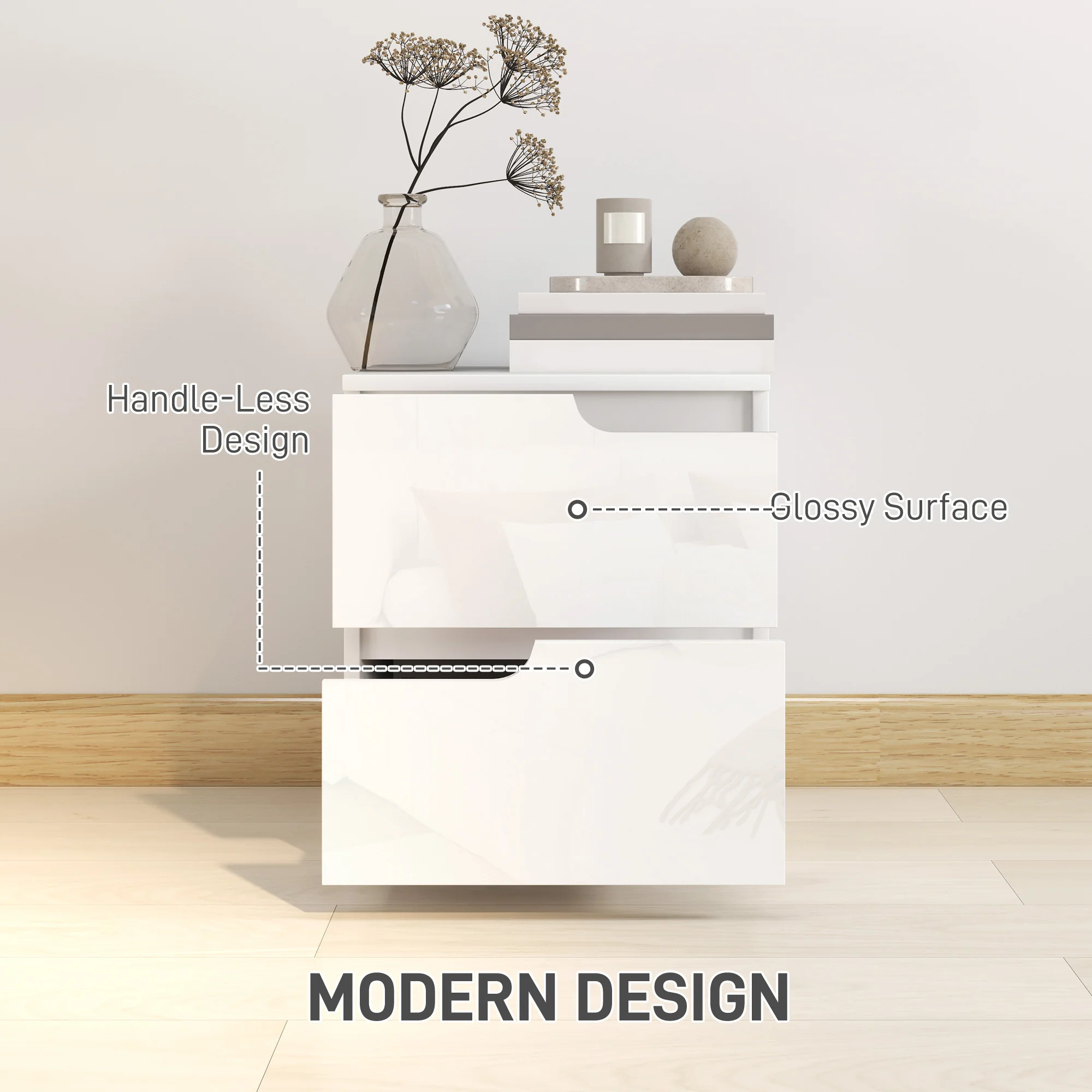 HOMCOM Modern Bedside Table With 2 Drawers For Bedroom, Living Room, White - Image 3