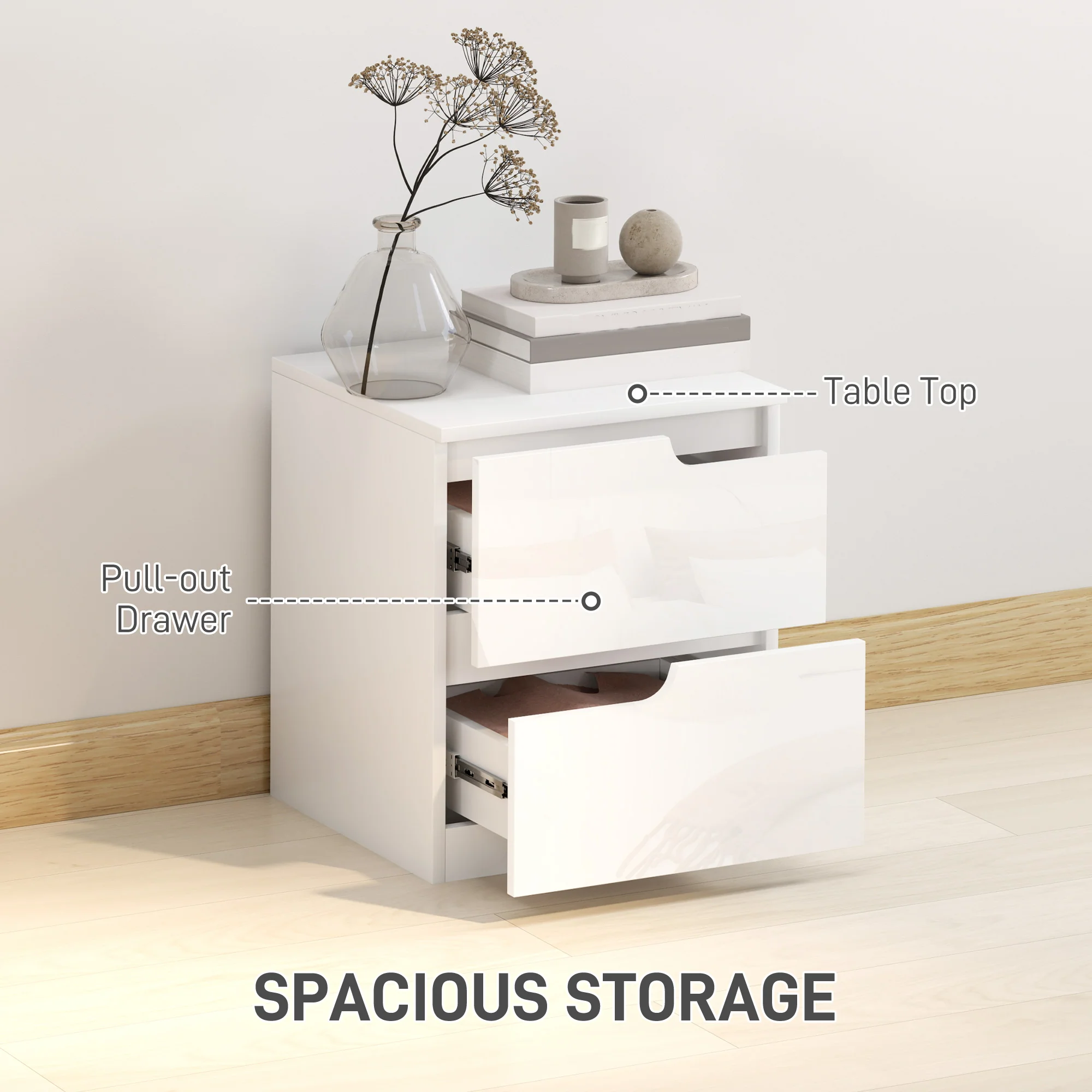 HOMCOM Modern Bedside Table With 2 Drawers For Bedroom, Living Room, White - Image 4