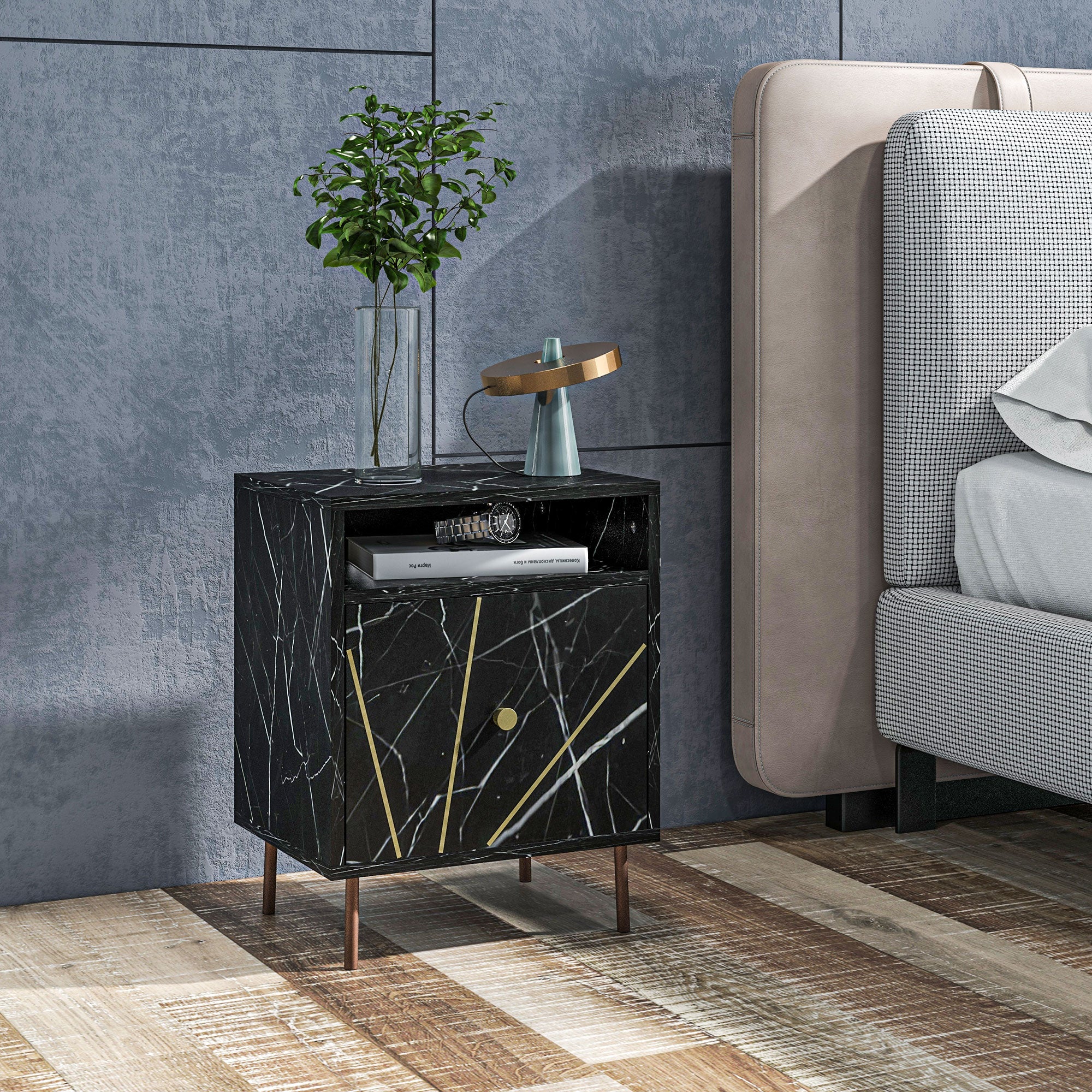 HOMCOM Modern Bedside Table With Drawer And Open Shelf Black Marble Effect - Image 2