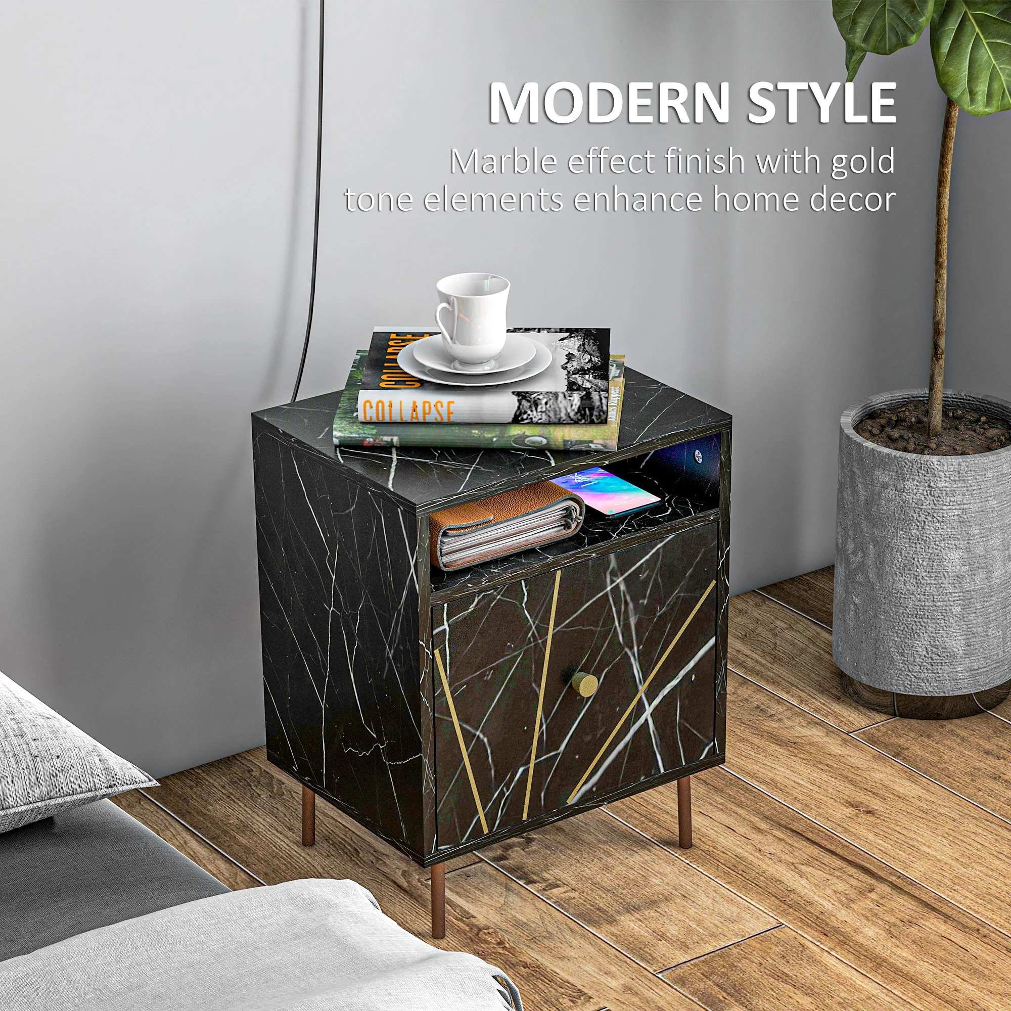 HOMCOM Modern Bedside Table With Drawer And Open Shelf Black Marble Effect - Image 3