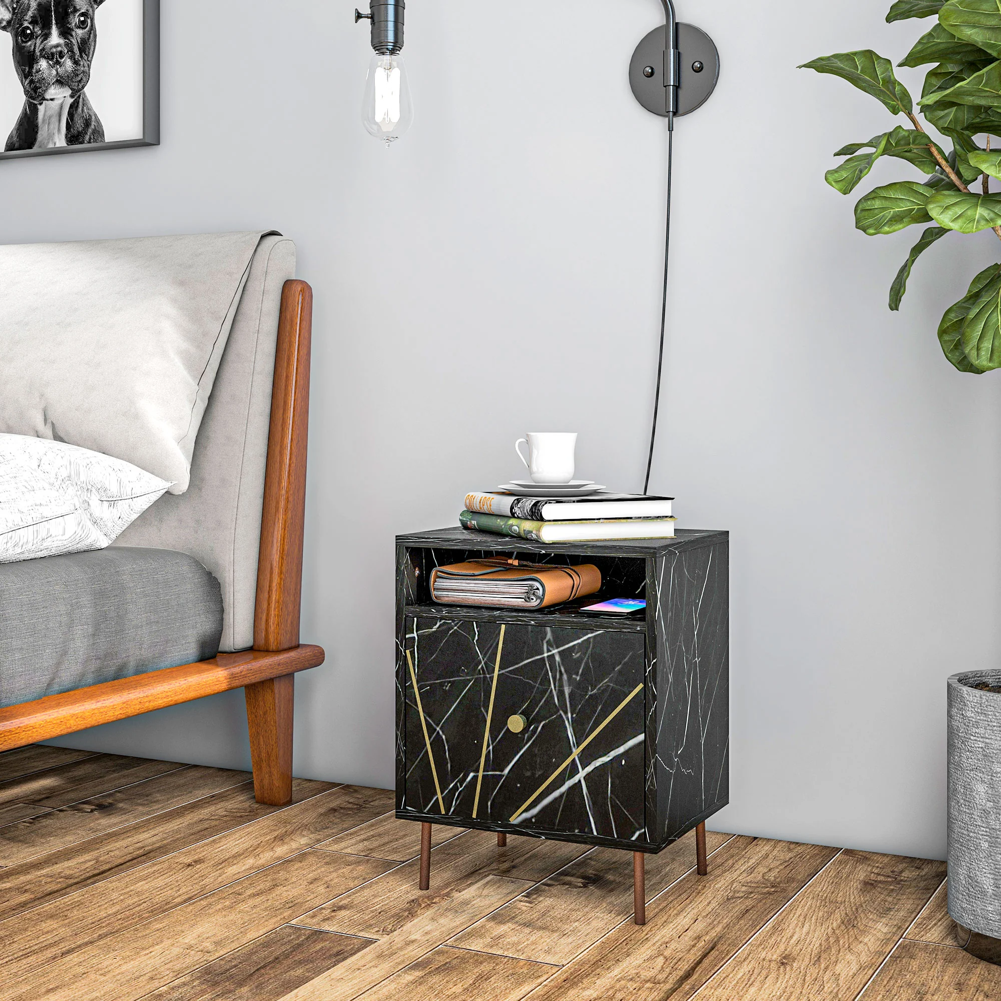 HOMCOM Modern Bedside Table With Drawer And Open Shelf Black Marble Effect - Image 7