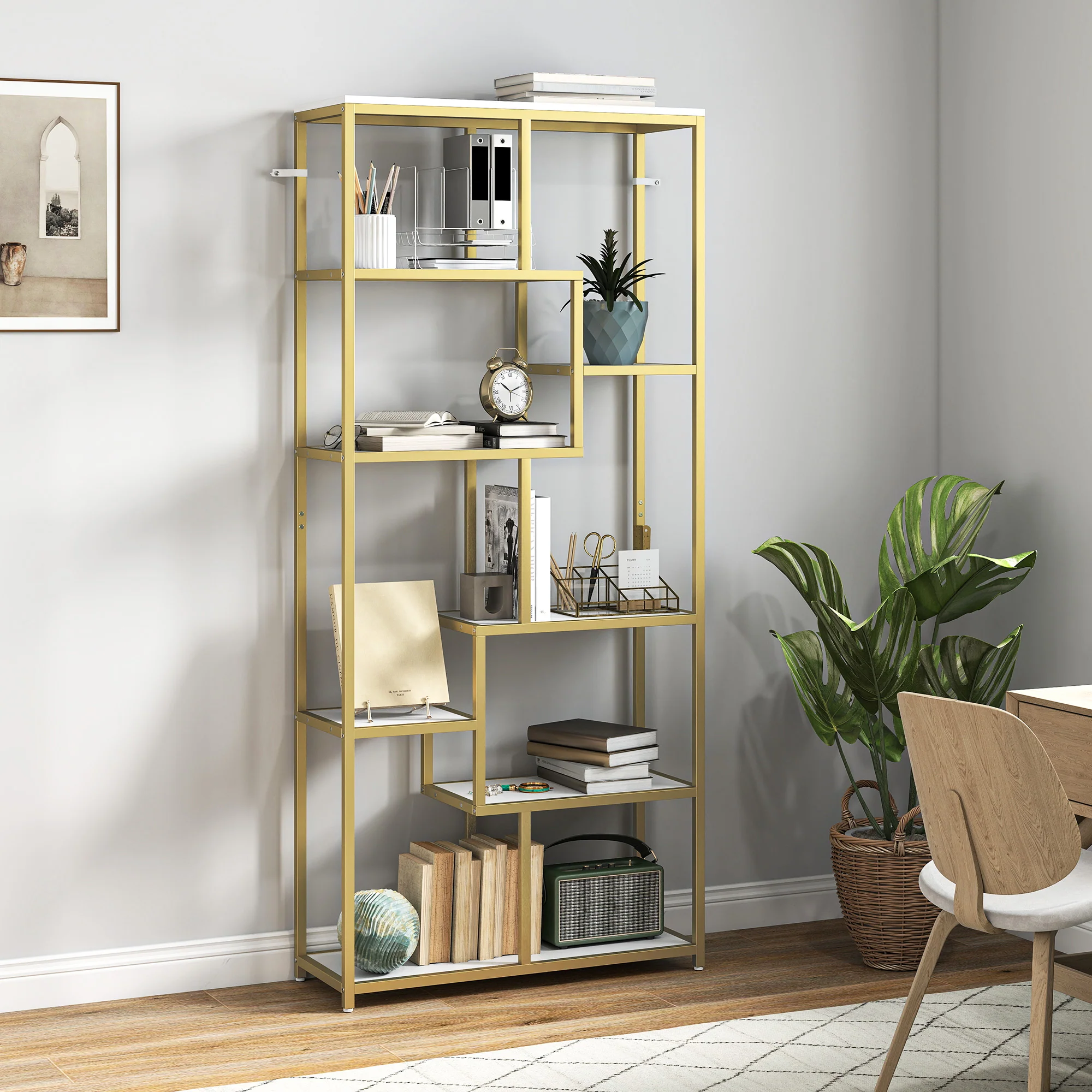 HOMCOM Modern Bookcase 7-Tier Bookshelf Shelving Unit White Gold Tone - Image 2