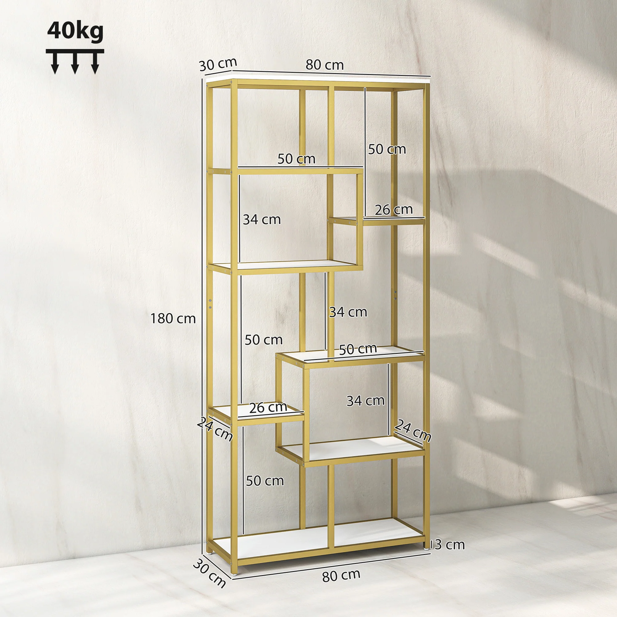 HOMCOM Modern Bookcase 7-Tier Bookshelf Shelving Unit White Gold Tone - Image 5