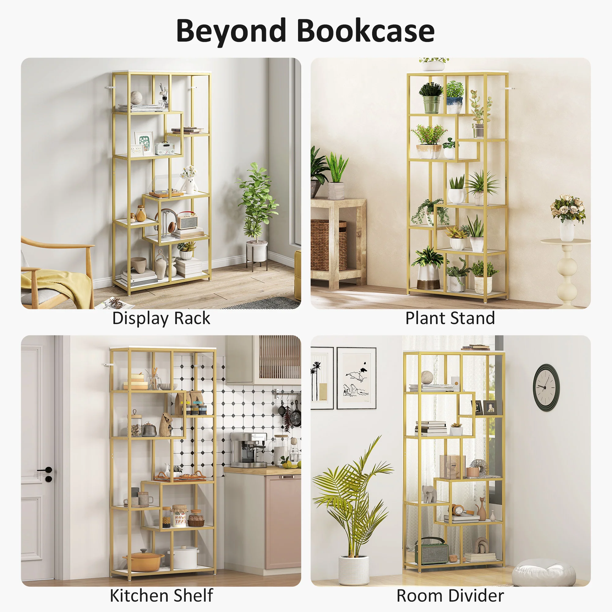 HOMCOM Modern Bookcase 7-Tier Bookshelf Shelving Unit White Gold Tone - Image 6