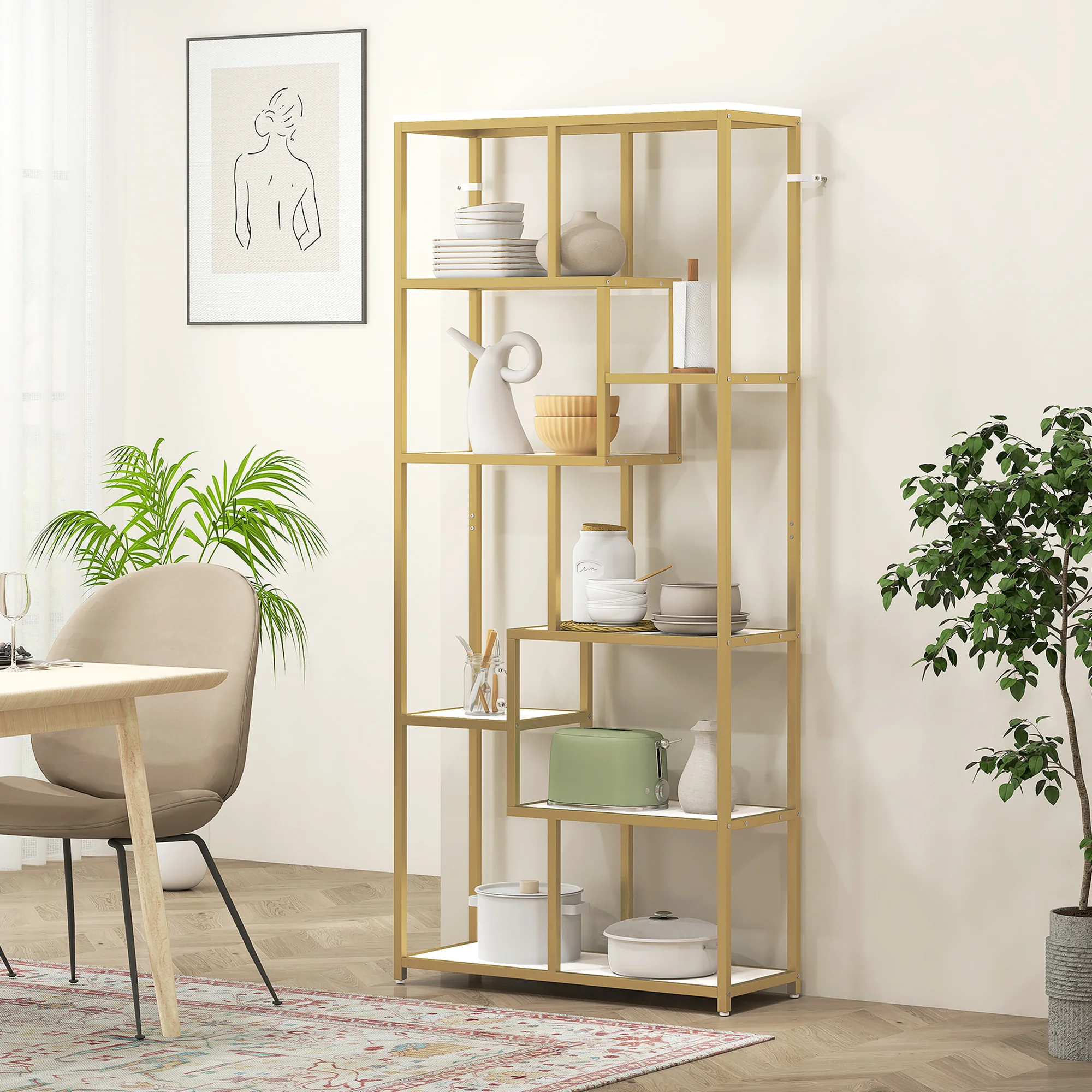 HOMCOM Modern Bookcase 7-Tier Bookshelf Shelving Unit White Gold Tone - Image 8