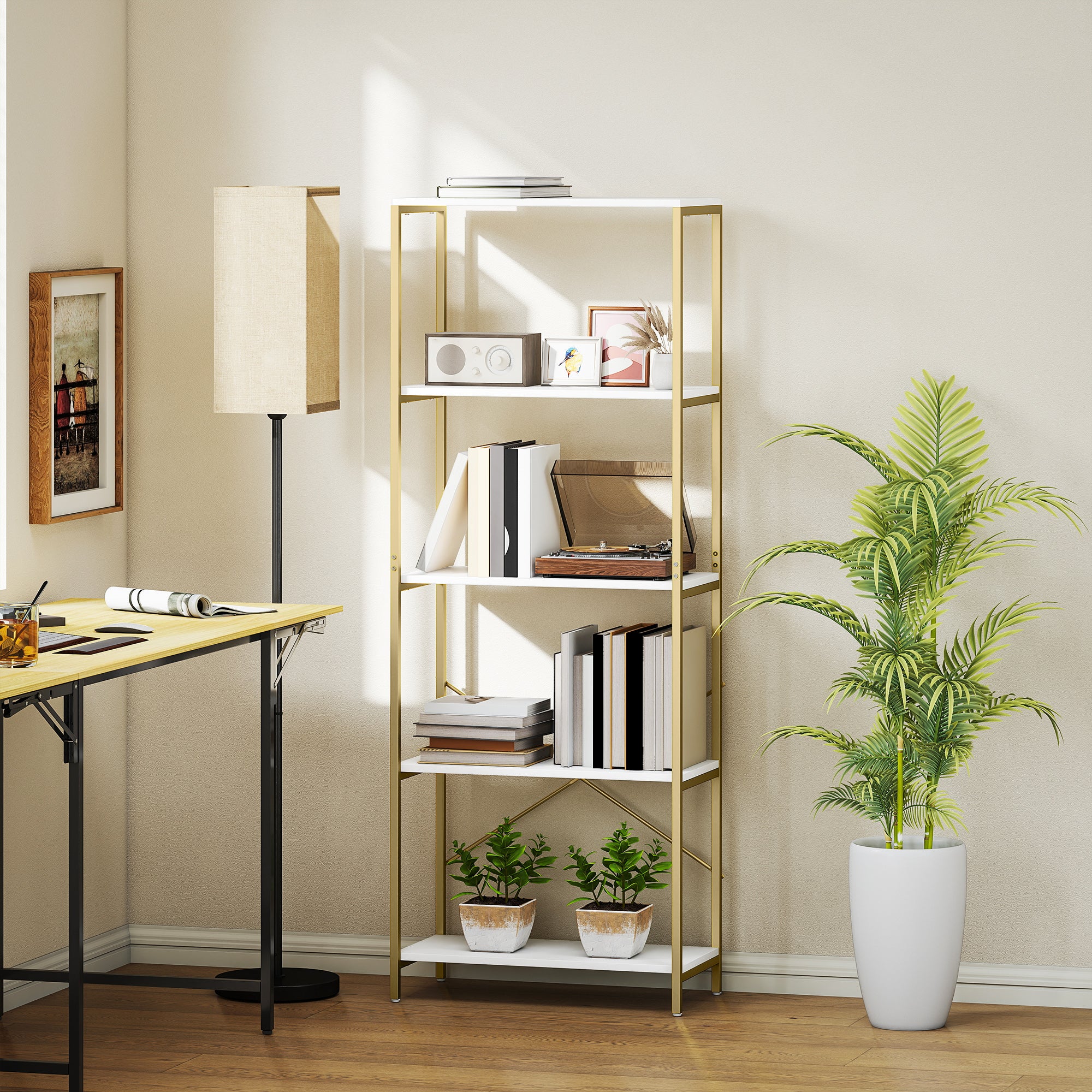 HOMCOM Modern Bookshelf, Freestanding Bookcase, White and Gold Tone - Image 7