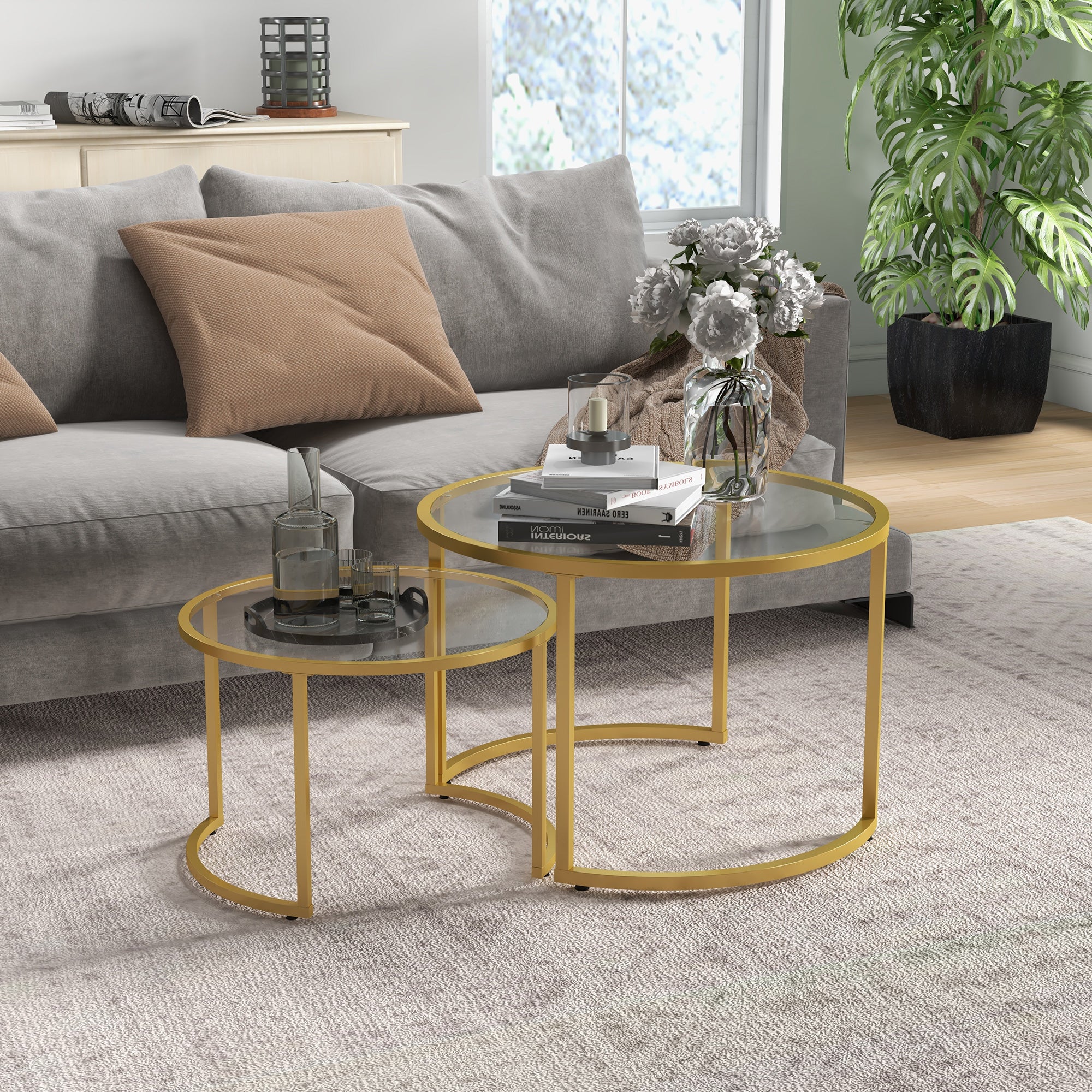 HOMCOM Modern Coffee Table Set Of 2, Nesting Tables With Glass Top, Gold - Image 2