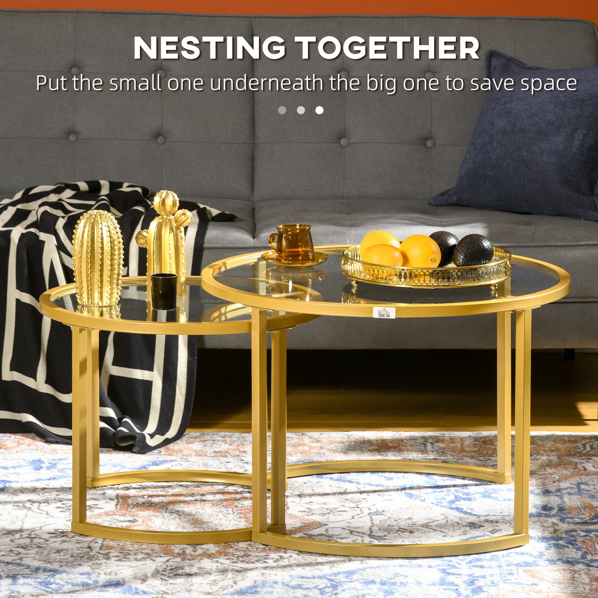HOMCOM Modern Coffee Table Set Of 2, Nesting Tables With Glass Top, Gold - Image 3