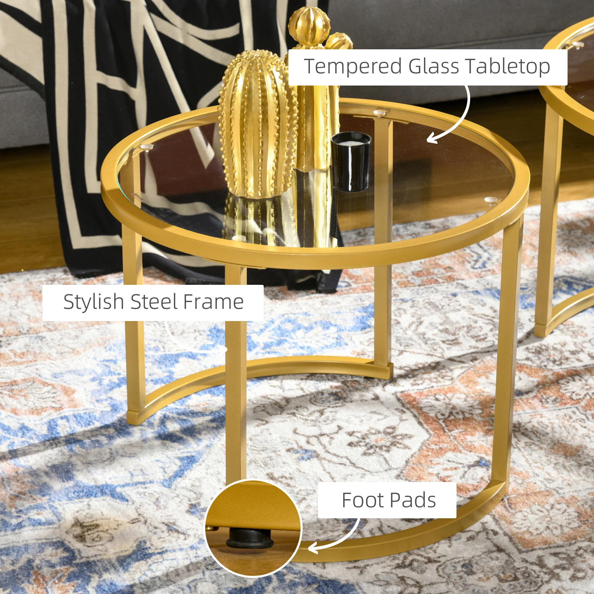 HOMCOM Modern Coffee Table Set Of 2, Nesting Tables With Glass Top, Gold - Image 4