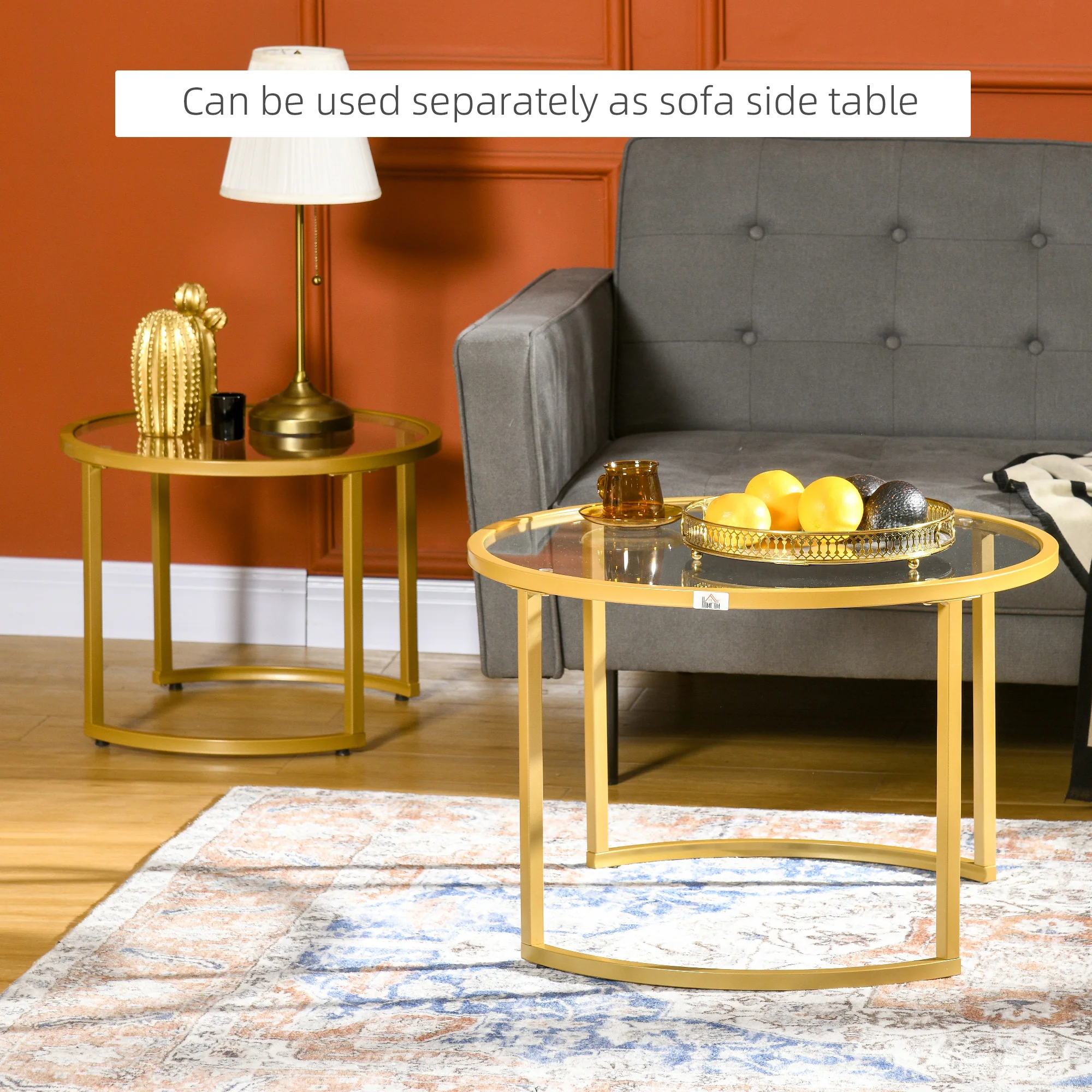 HOMCOM Modern Coffee Table Set Of 2, Nesting Tables With Glass Top, Gold - Image 6