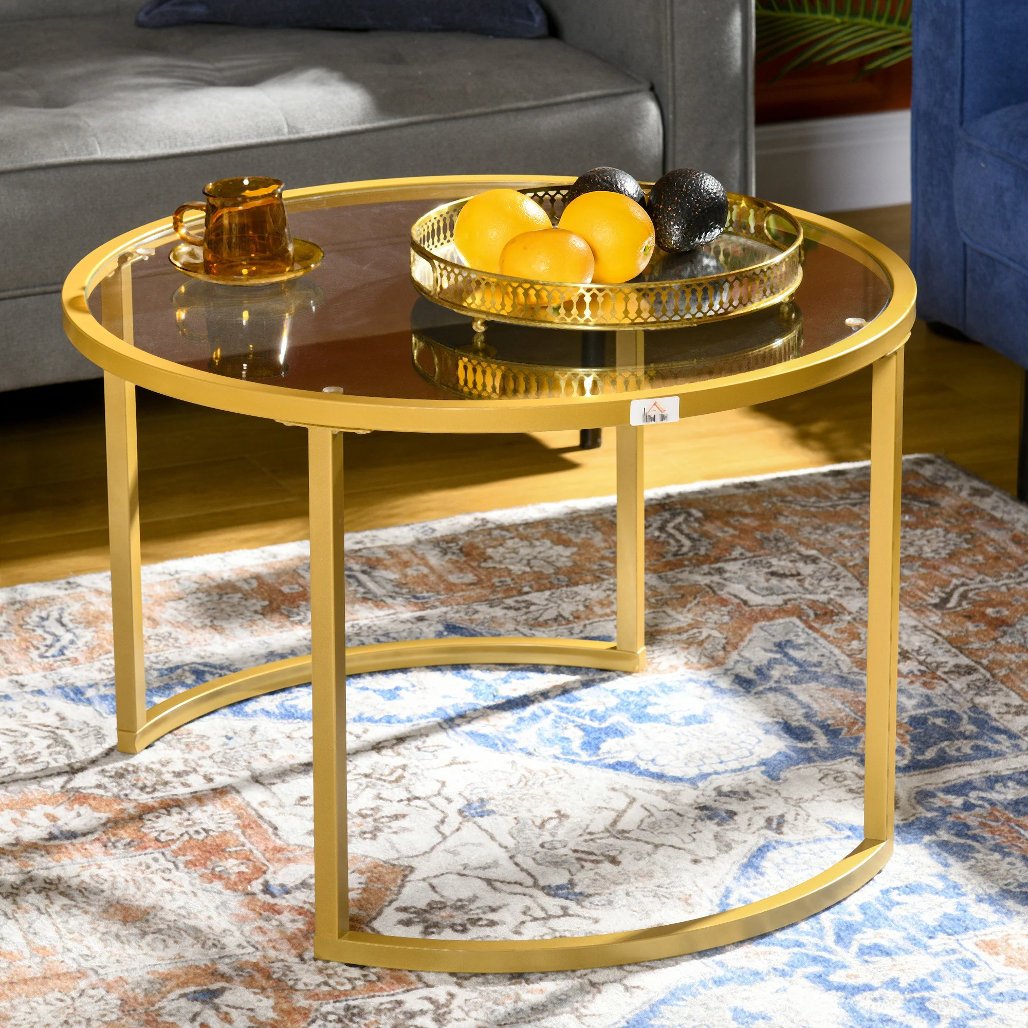 HOMCOM Modern Coffee Table Set Of 2, Nesting Tables With Glass Top, Gold - Image 7