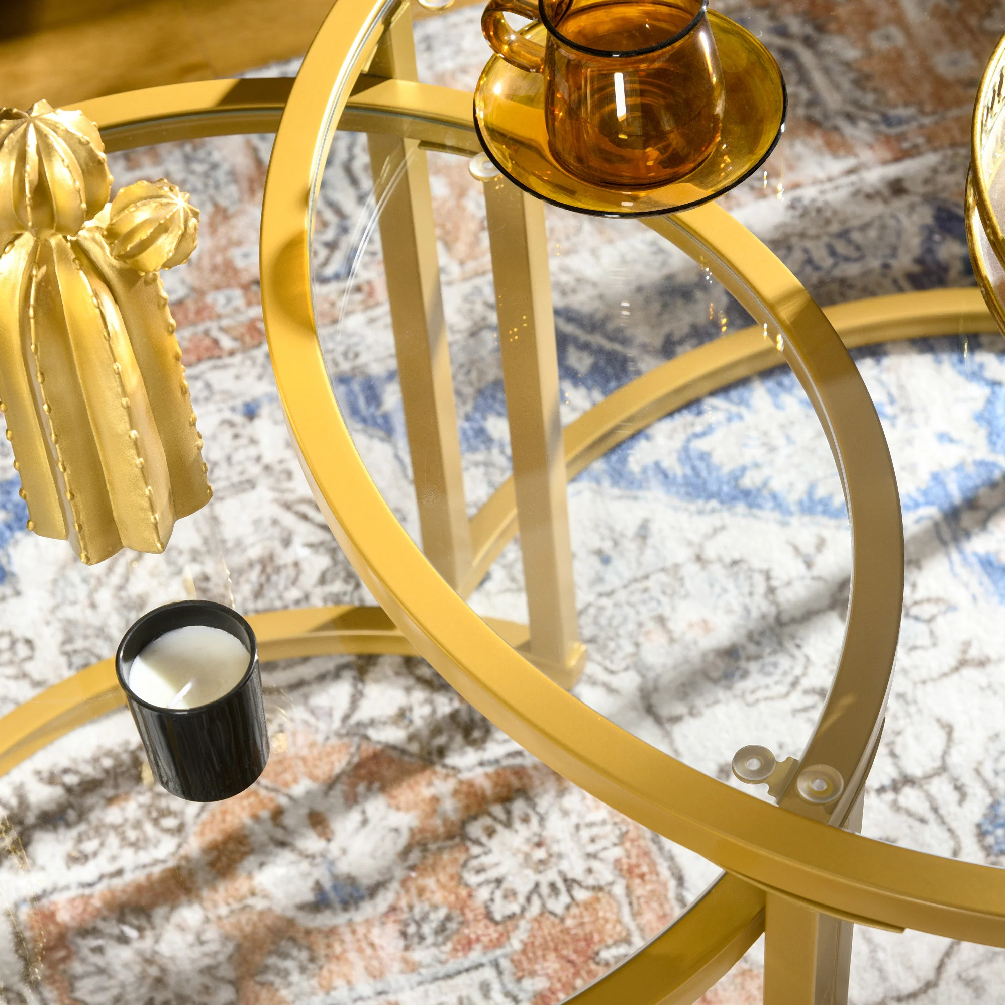 HOMCOM Modern Coffee Table Set Of 2, Nesting Tables With Glass Top, Gold - Image 8