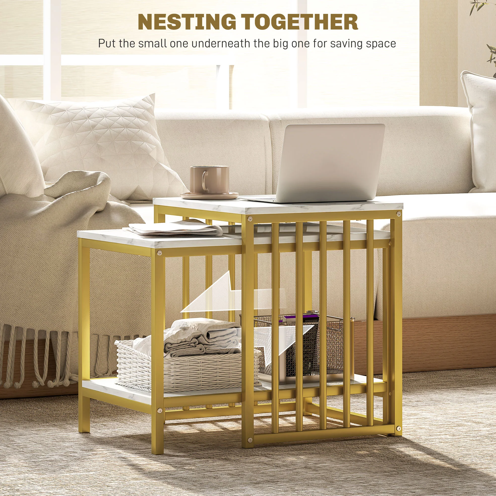HOMCOM Modern Coffee Table Set Of Two W/ Steel Frame Marble-Effect Gold Tone - Image 3