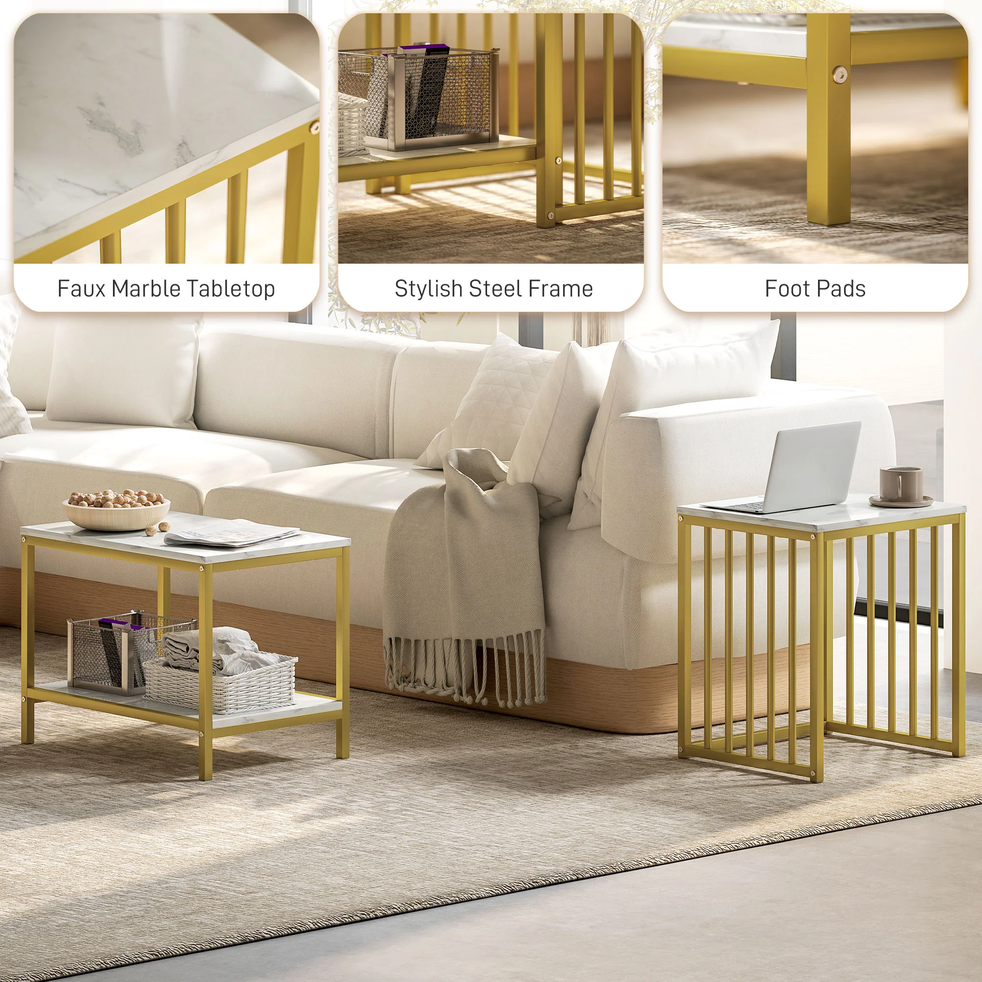 HOMCOM Modern Coffee Table Set Of Two W/ Steel Frame Marble-Effect Gold Tone - Image 4