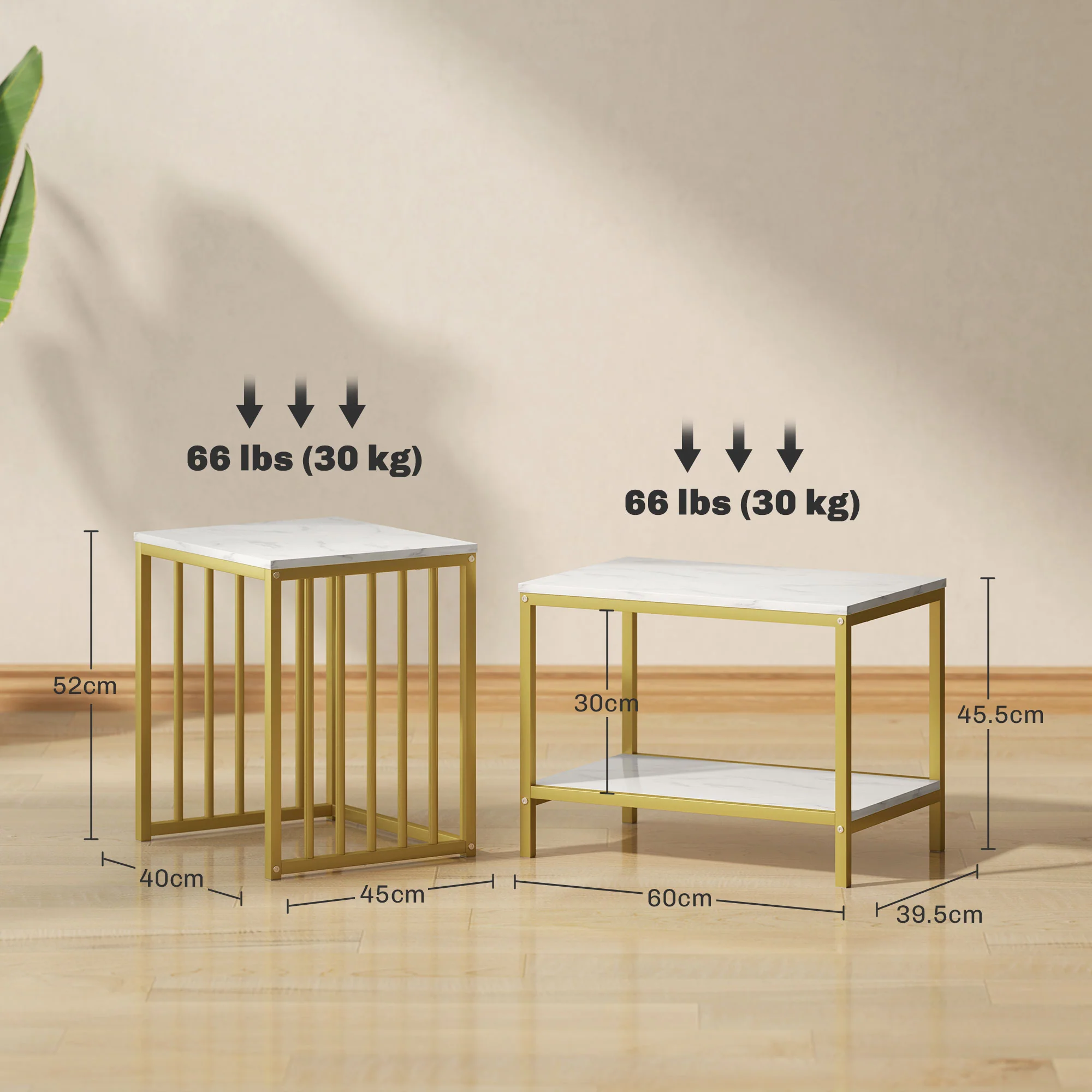 HOMCOM Modern Coffee Table Set Of Two W/ Steel Frame Marble-Effect Gold Tone - Image 5