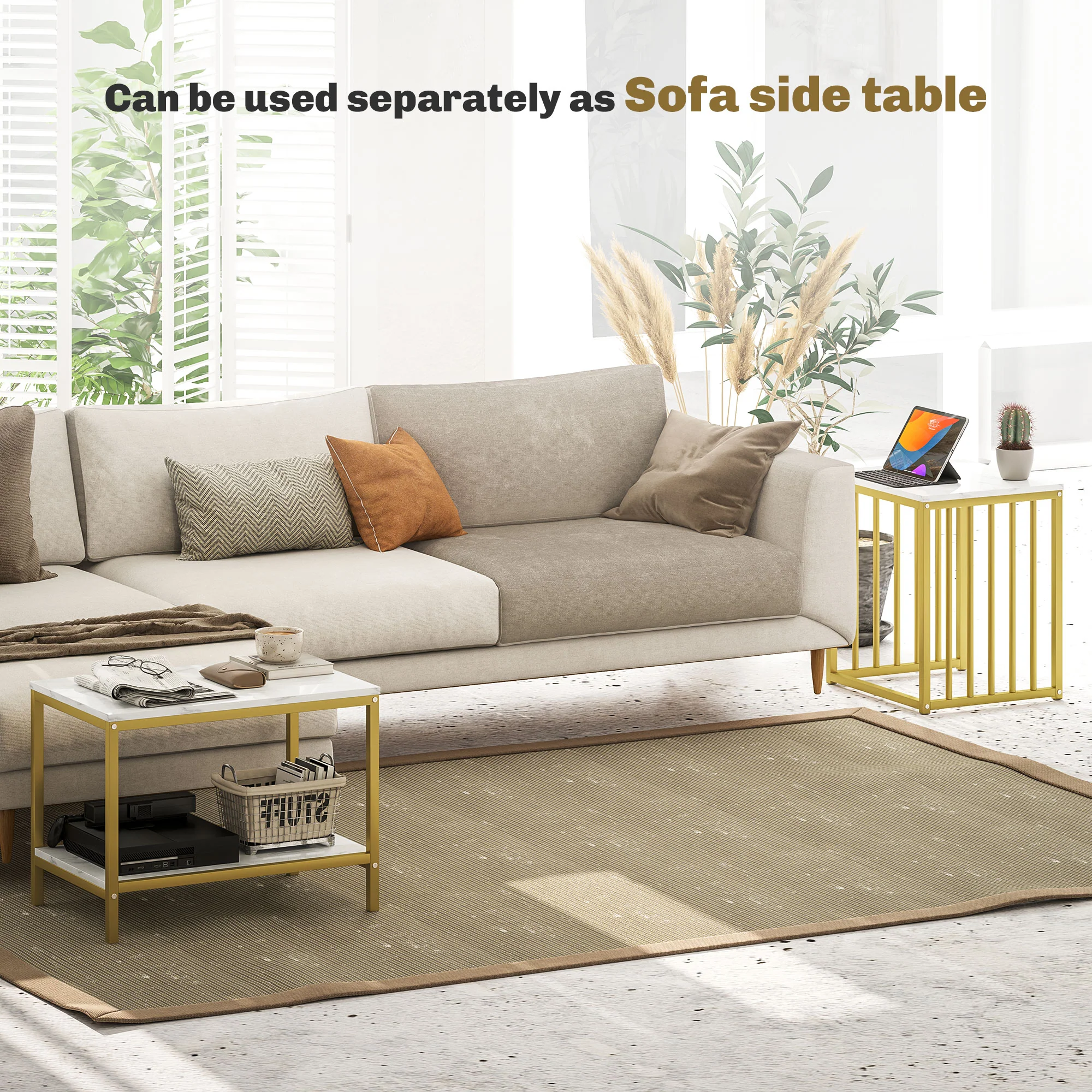 HOMCOM Modern Coffee Table Set Of Two W/ Steel Frame Marble-Effect Gold Tone - Image 6
