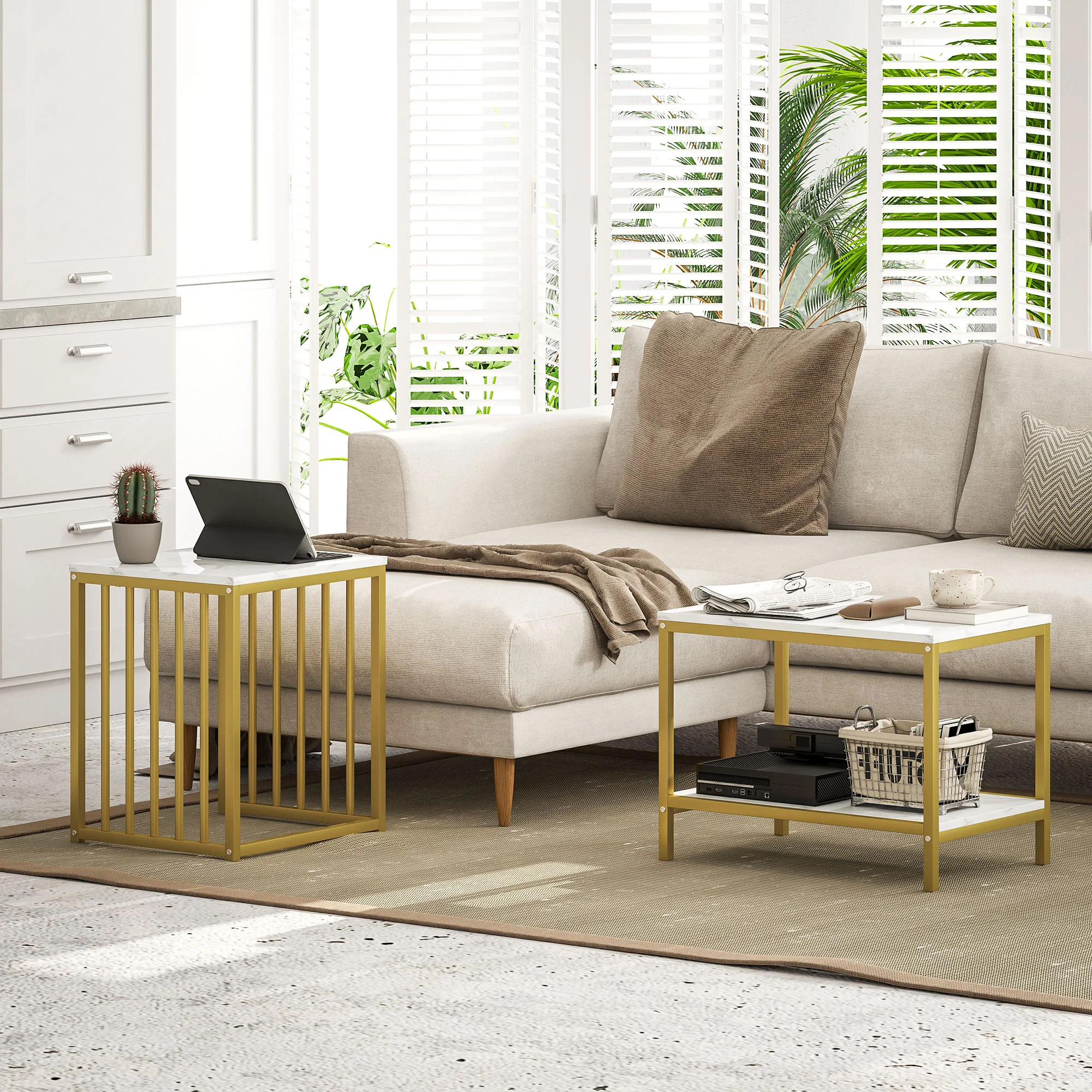 HOMCOM Modern Coffee Table Set Of Two W/ Steel Frame Marble-Effect Gold Tone - Image 7