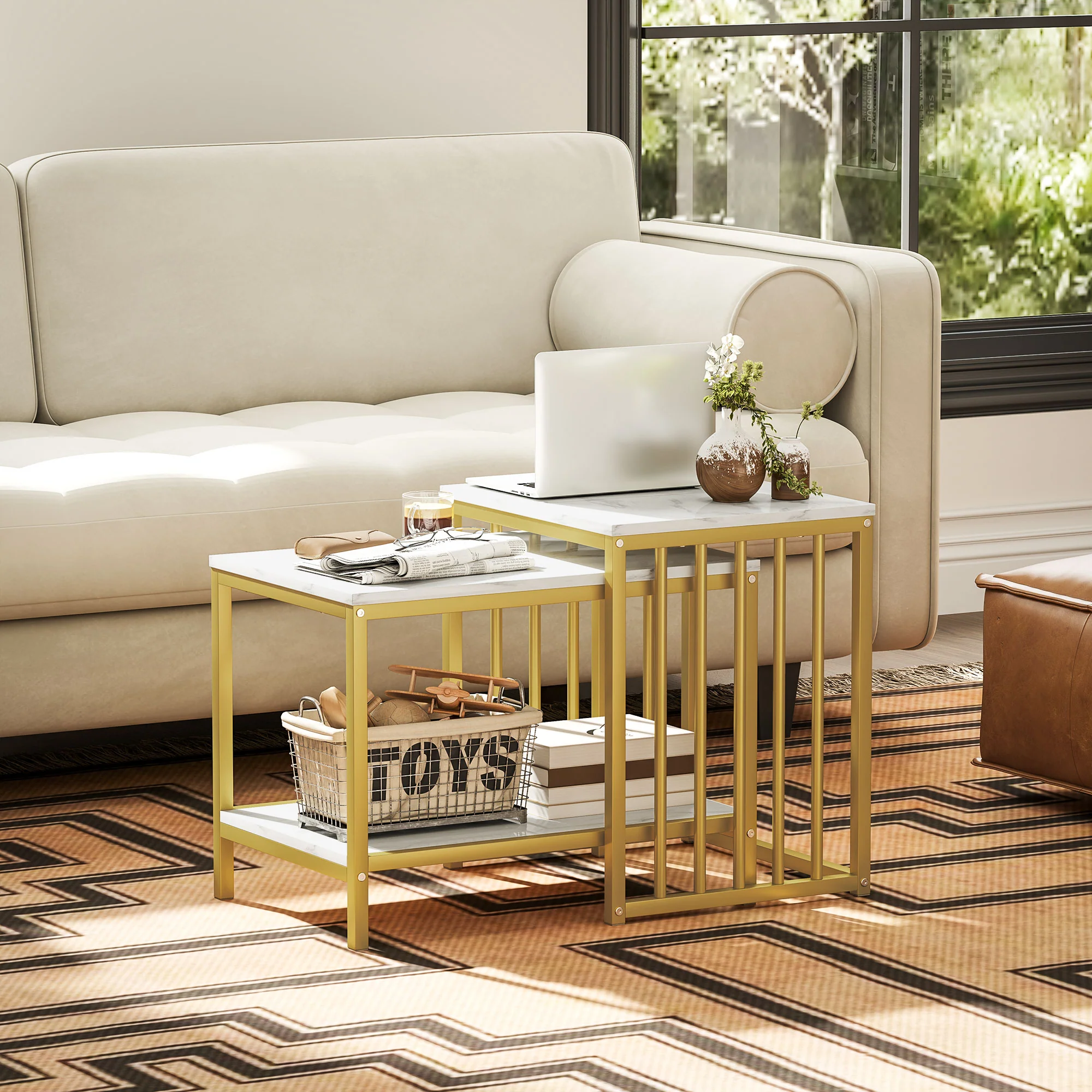 HOMCOM Modern Coffee Table Set Of Two W/ Steel Frame Marble-Effect Gold Tone - Image 8