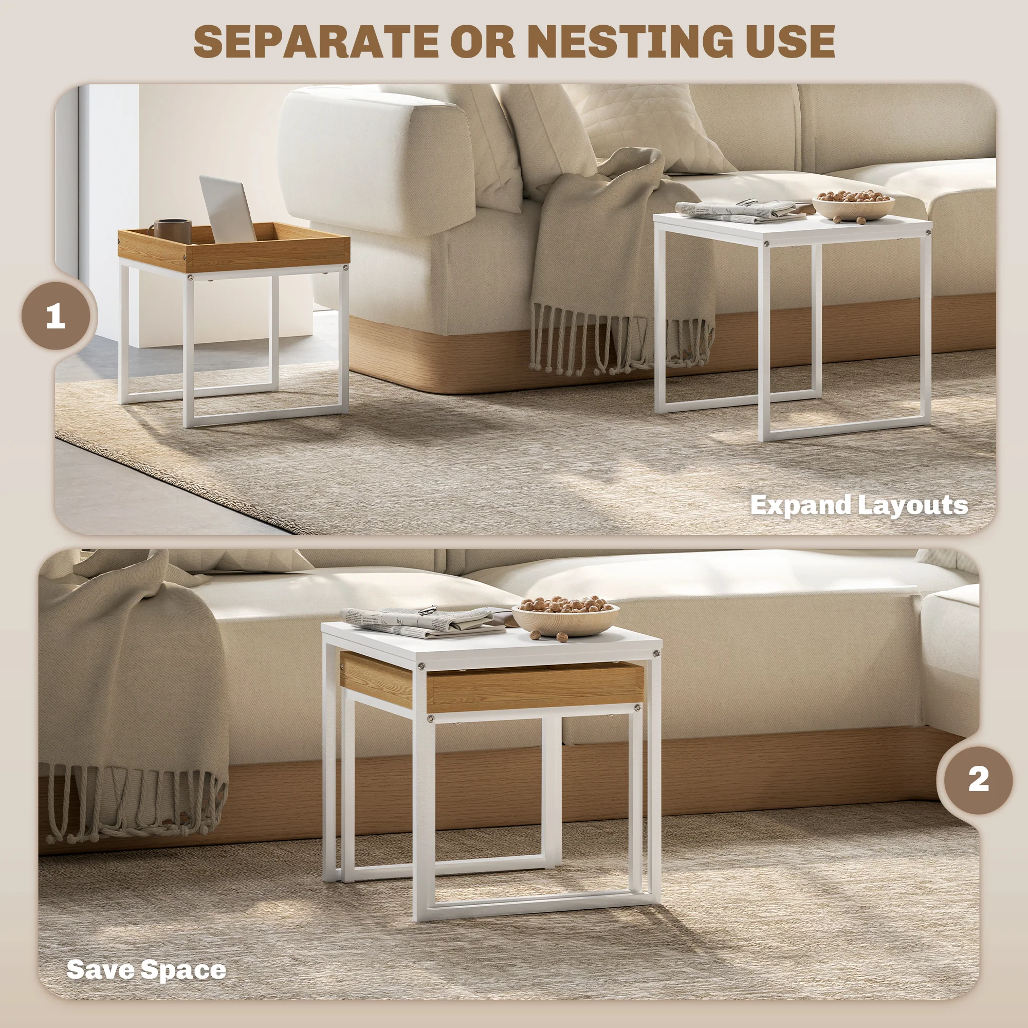 HOMCOM Modern Coffee Table Set Square Nest of Tables for Small Space - Image 12