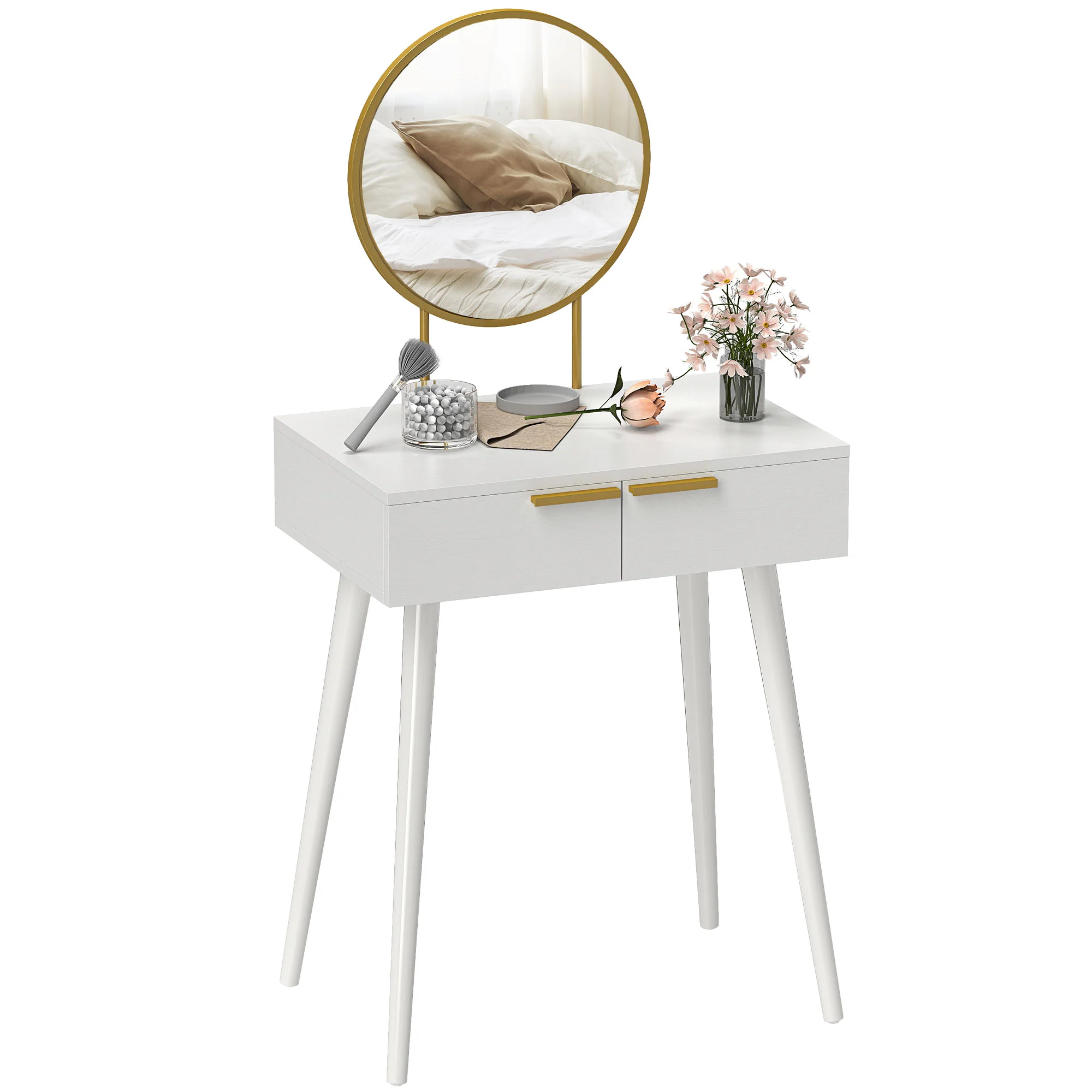HOMCOM Modern Dressing Table W/ 2 Drawers Round Mirror For Bedroom White