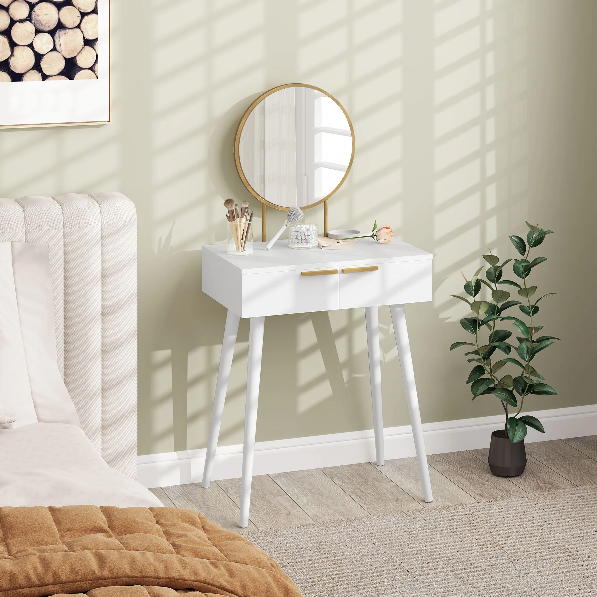 HOMCOM Modern Dressing Table W/ 2 Drawers Round Mirror For Bedroom White - Image 2
