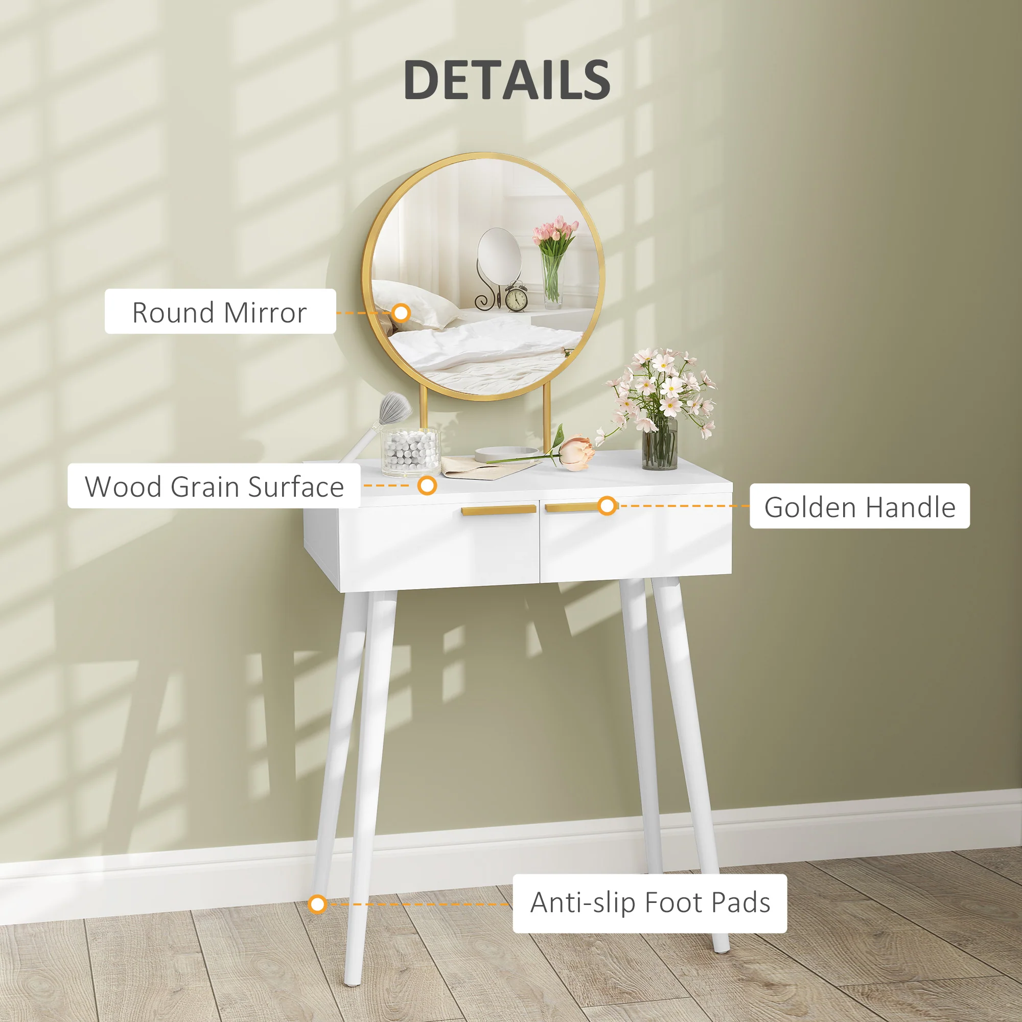 HOMCOM Modern Dressing Table W/ 2 Drawers Round Mirror For Bedroom White - Image 3