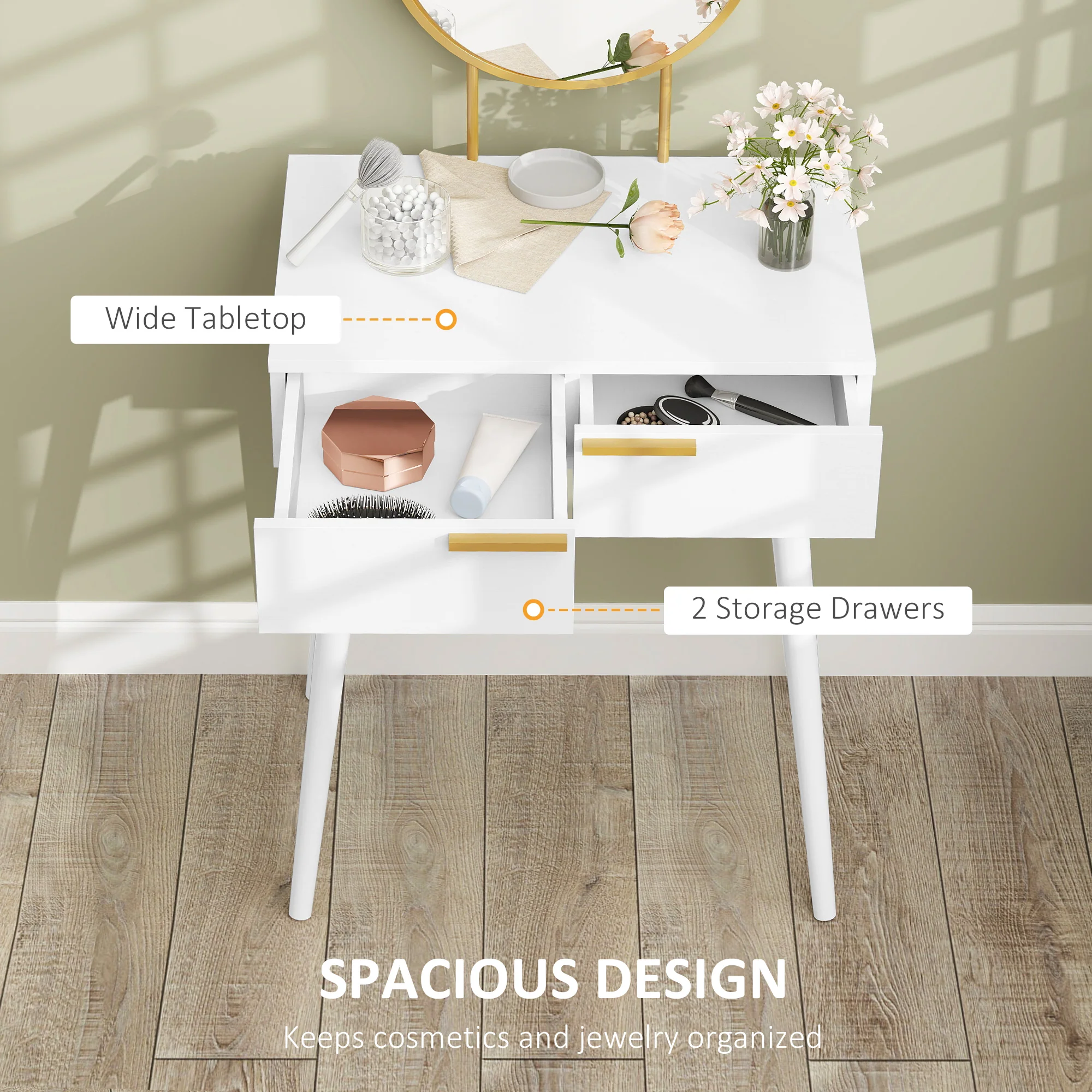 HOMCOM Modern Dressing Table W/ 2 Drawers Round Mirror For Bedroom White - Image 4