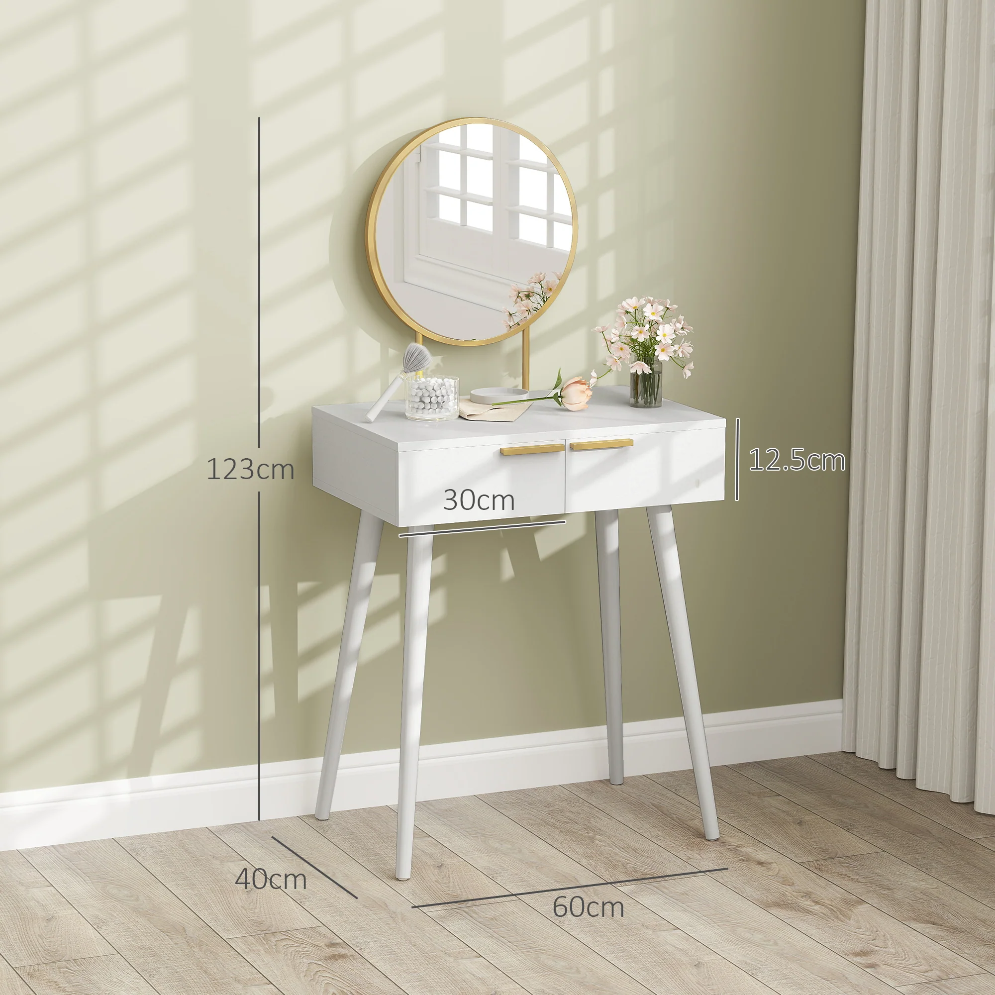 HOMCOM Modern Dressing Table W/ 2 Drawers Round Mirror For Bedroom White - Image 5