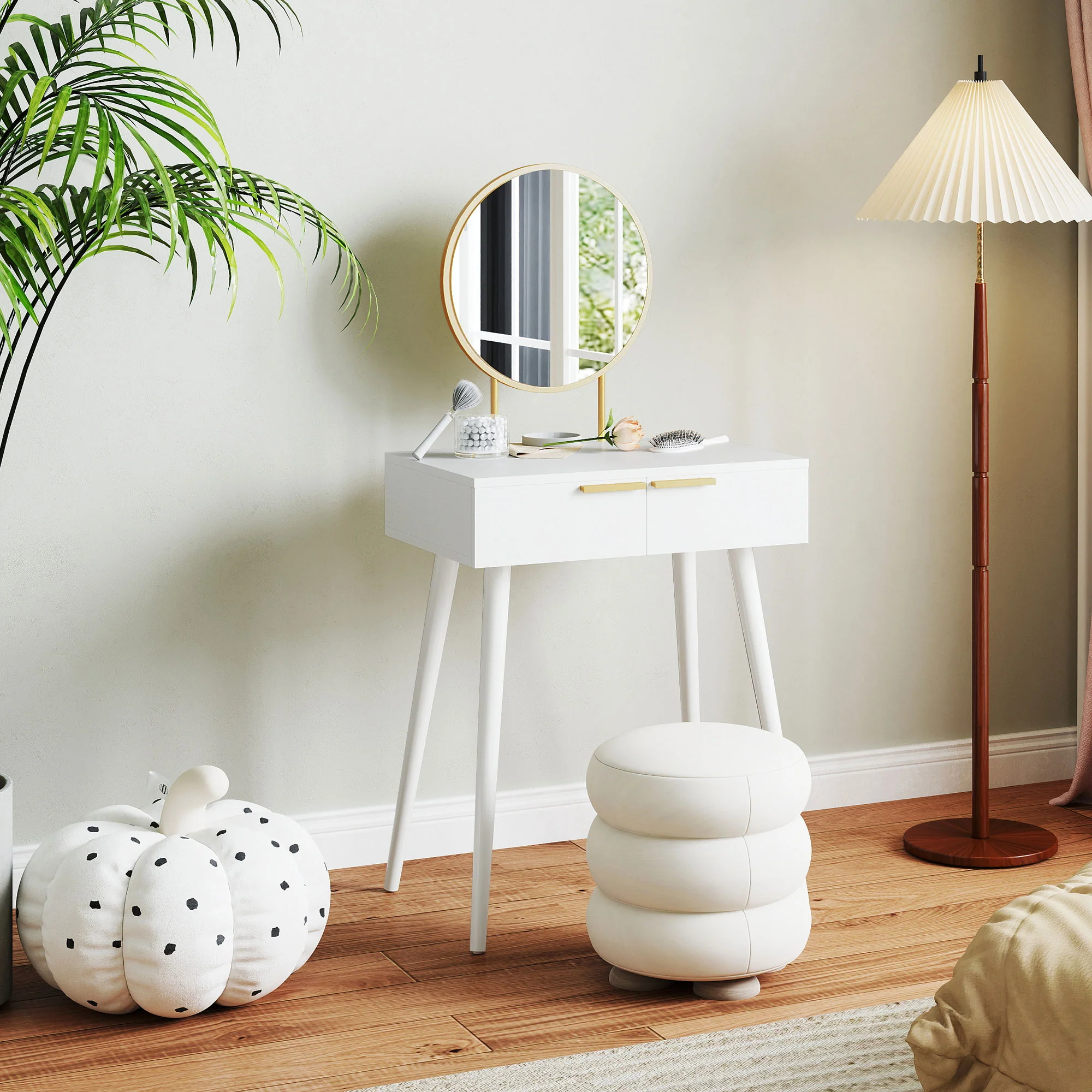 HOMCOM Modern Dressing Table W/ 2 Drawers Round Mirror For Bedroom White - Image 6