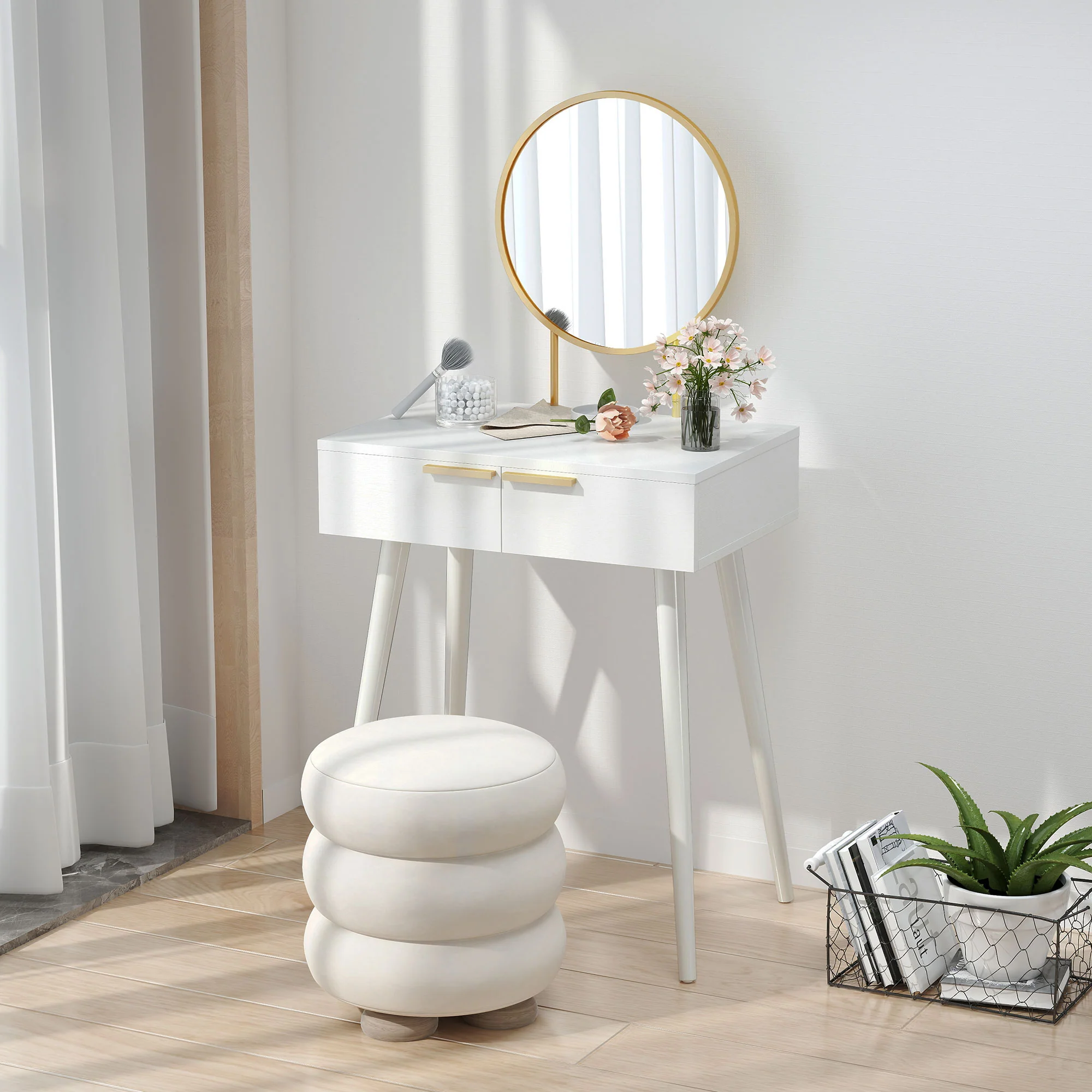 HOMCOM Modern Dressing Table W/ 2 Drawers Round Mirror For Bedroom White - Image 7