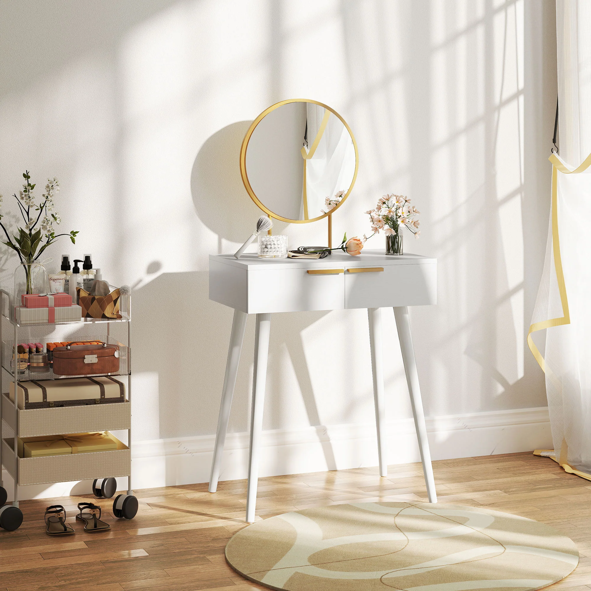 HOMCOM Modern Dressing Table W/ 2 Drawers Round Mirror For Bedroom White - Image 8