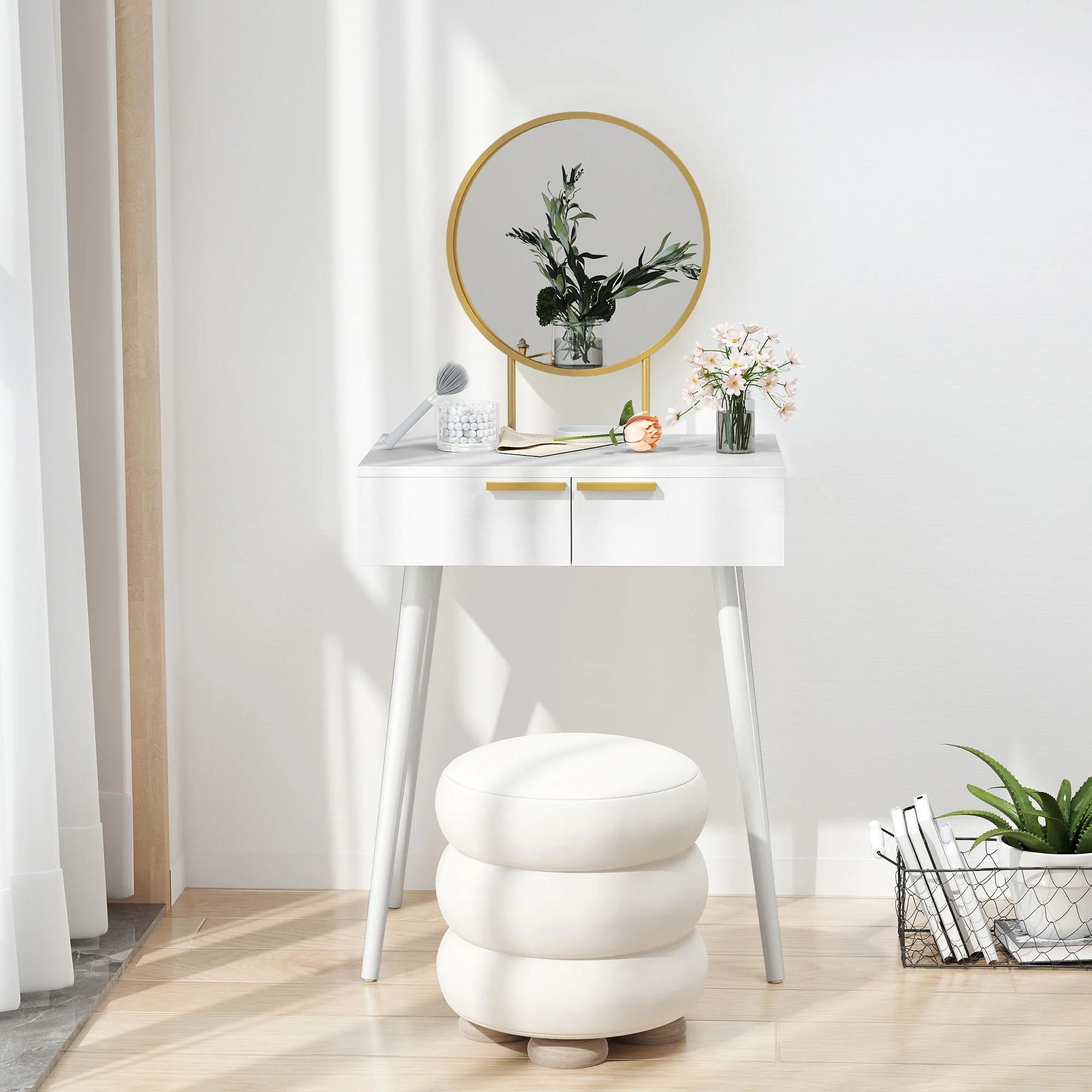 HOMCOM Modern Dressing Table W/ 2 Drawers Round Mirror For Bedroom White - Image 9