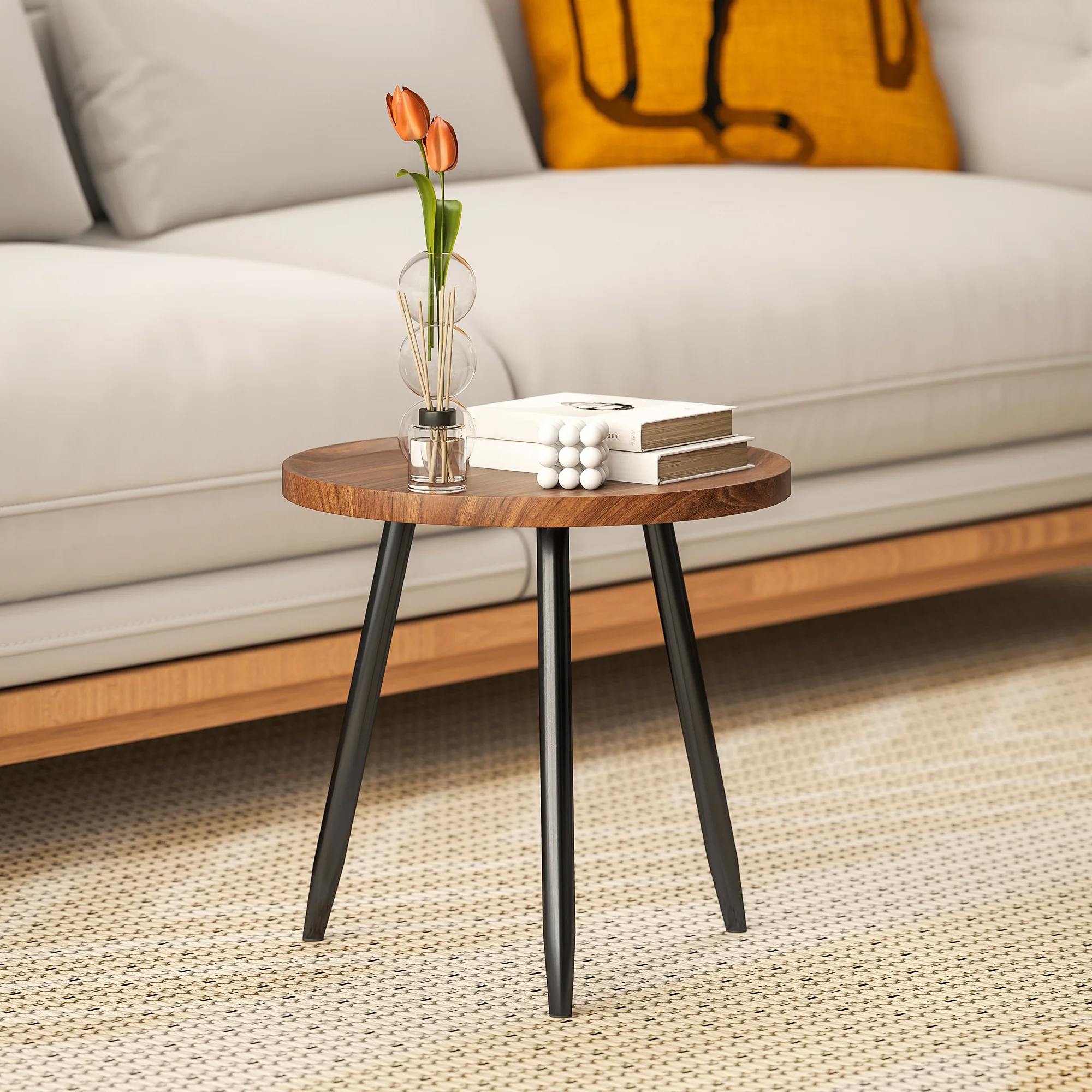 HOMCOM Modern End Side Table, Round Coffee Table, Chestnut Wood Effect - Image 2