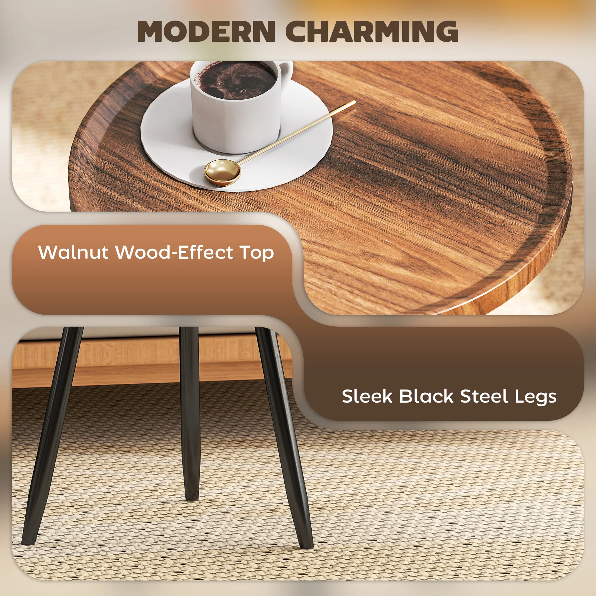 HOMCOM Modern End Side Table, Round Coffee Table, Chestnut Wood Effect - Image 3