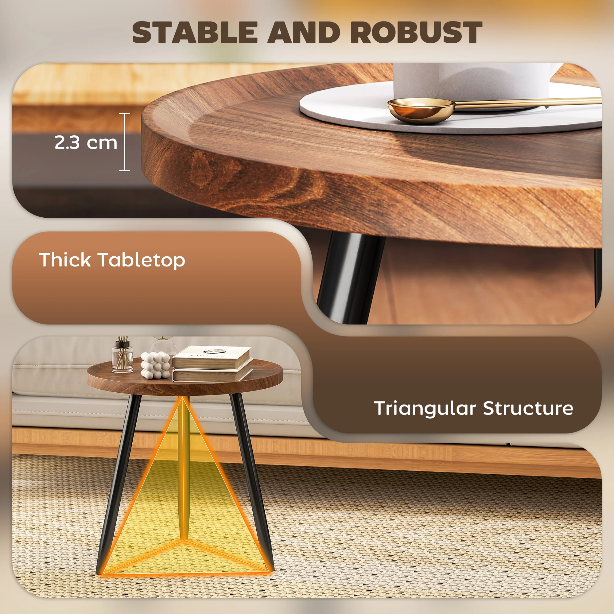 HOMCOM Modern End Side Table, Round Coffee Table, Chestnut Wood Effect - Image 4