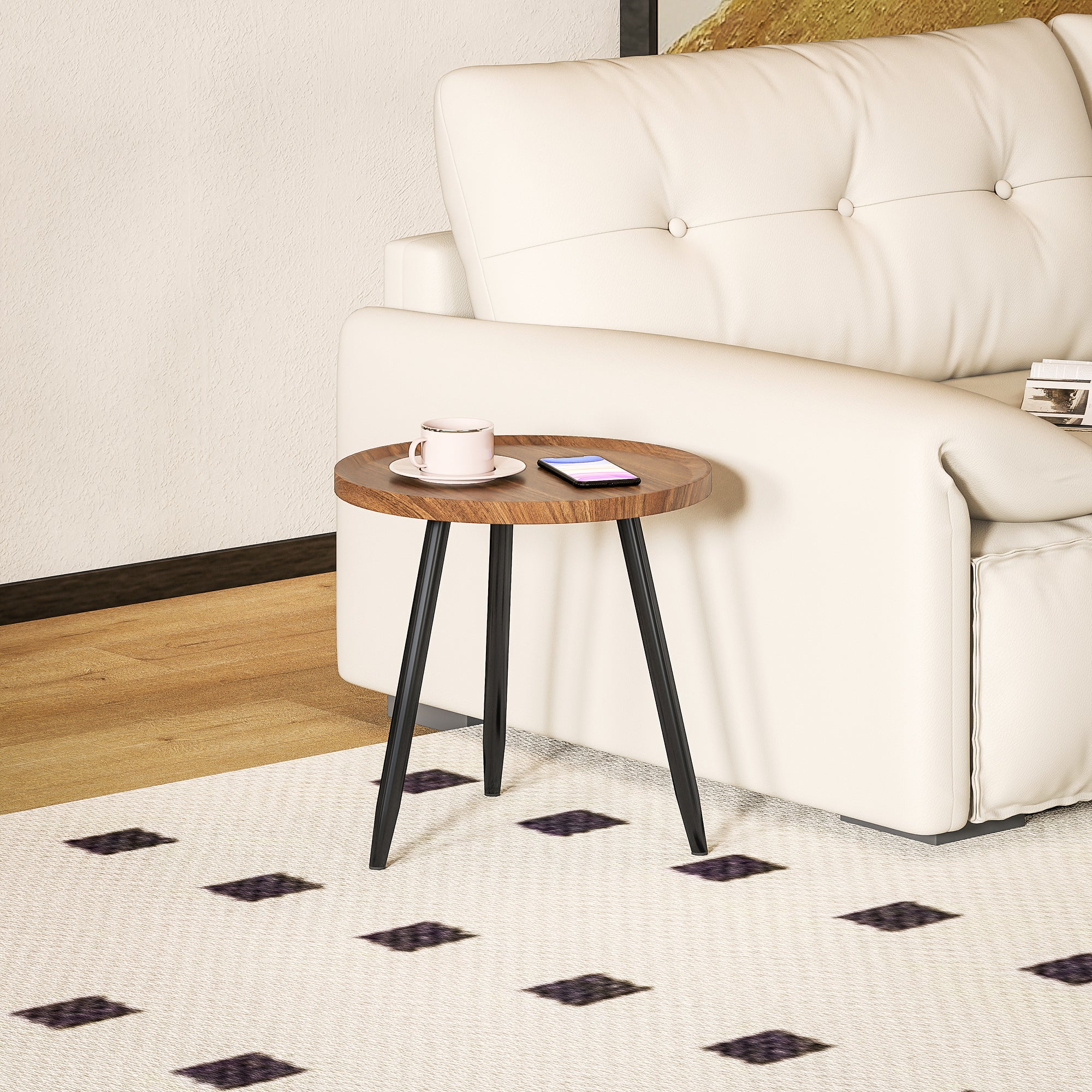 HOMCOM Modern End Side Table, Round Coffee Table, Chestnut Wood Effect - Image 6