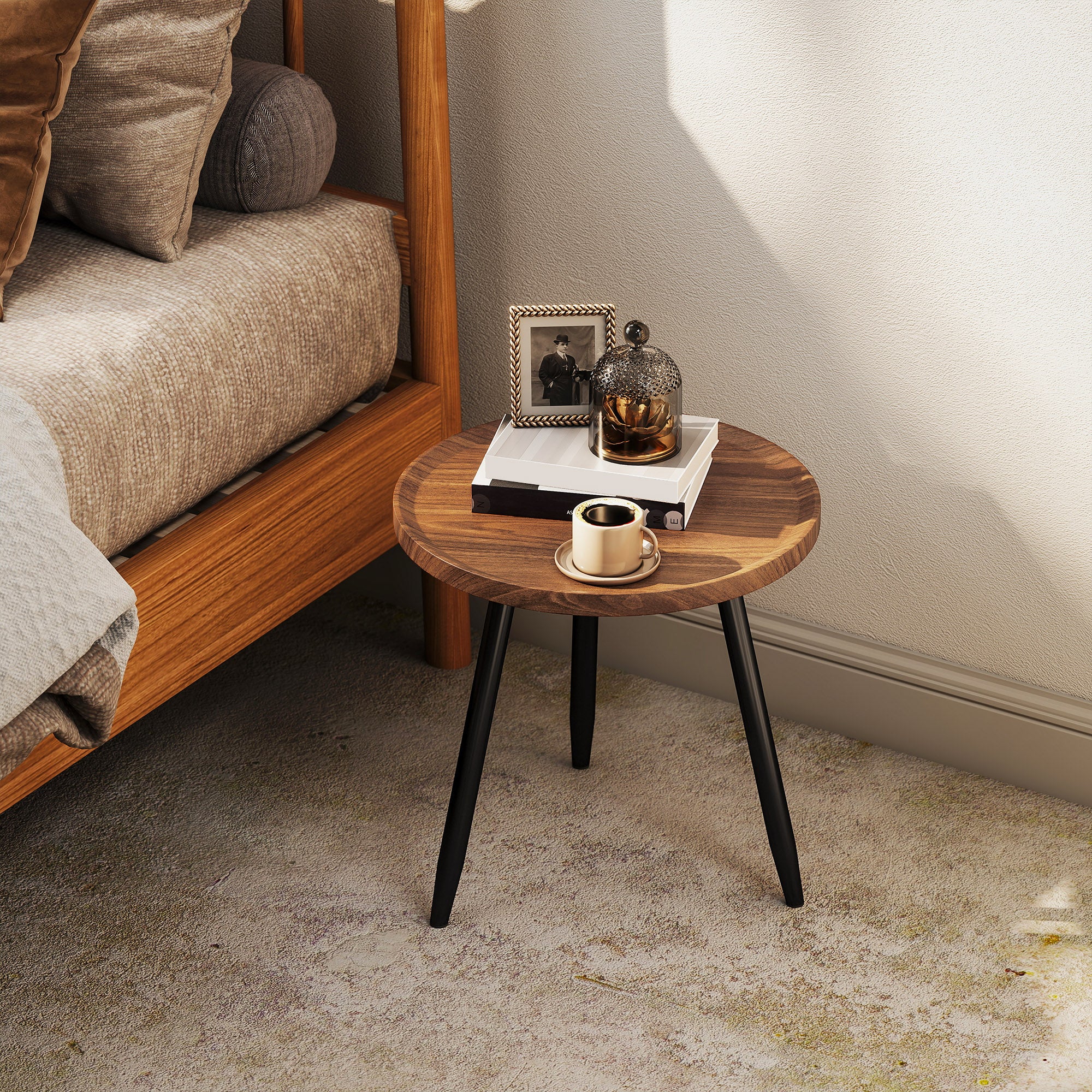 HOMCOM Modern End Side Table, Round Coffee Table, Chestnut Wood Effect - Image 7