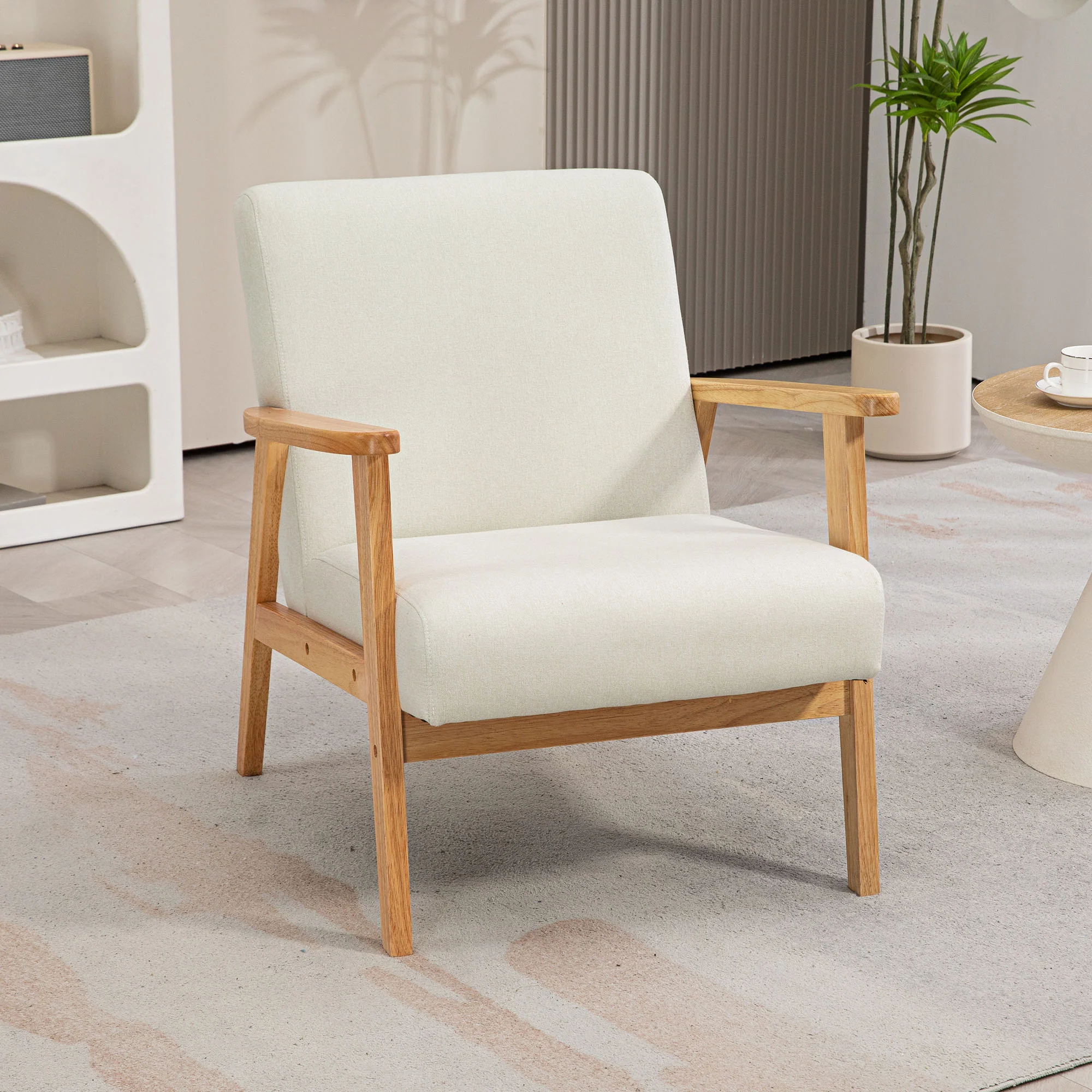 HOMCOM Modern Fabric Accent Chair W/ Rubber Wood Legs Padded Cushion Cream - Image 2
