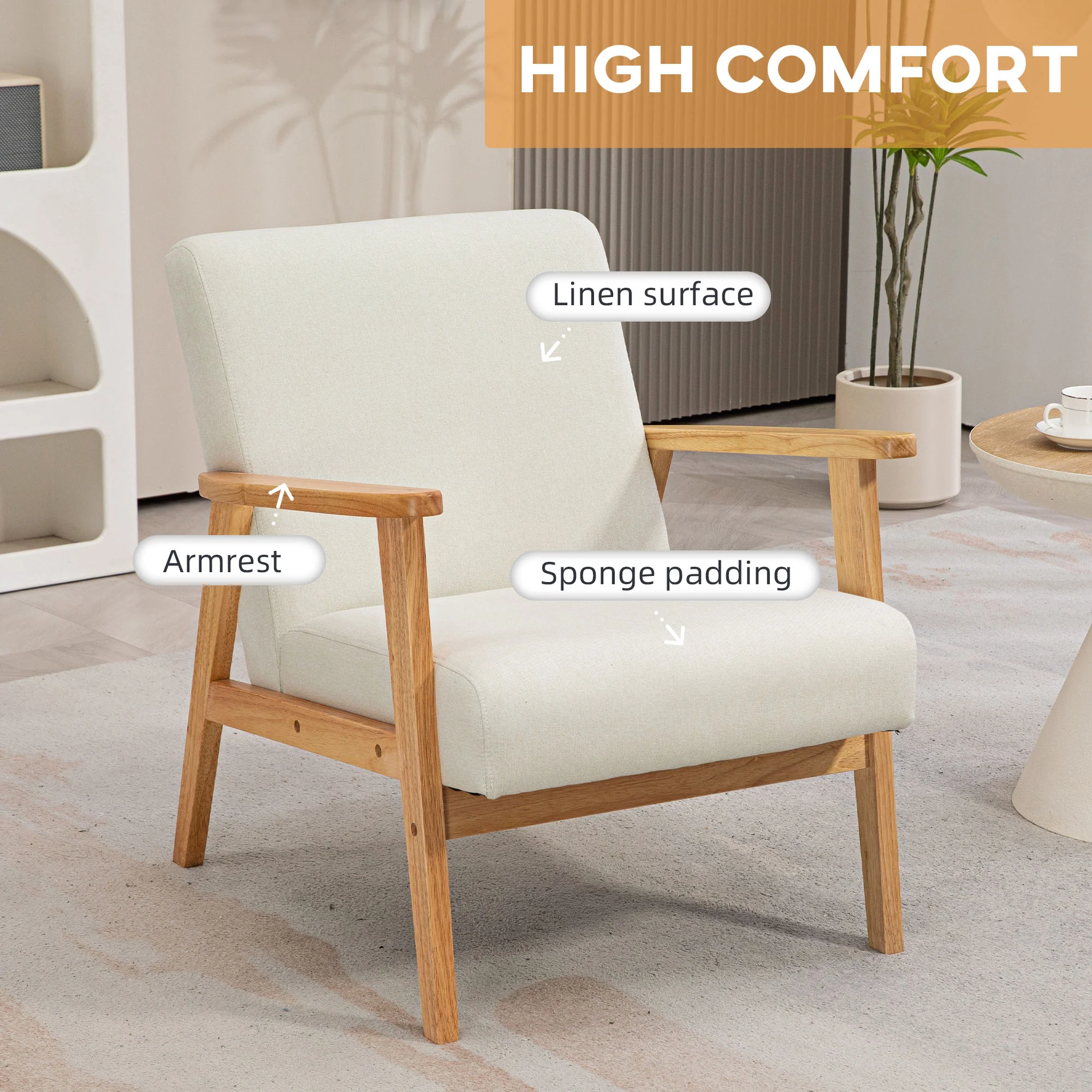HOMCOM Modern Fabric Accent Chair W/ Rubber Wood Legs Padded Cushion Cream - Image 3
